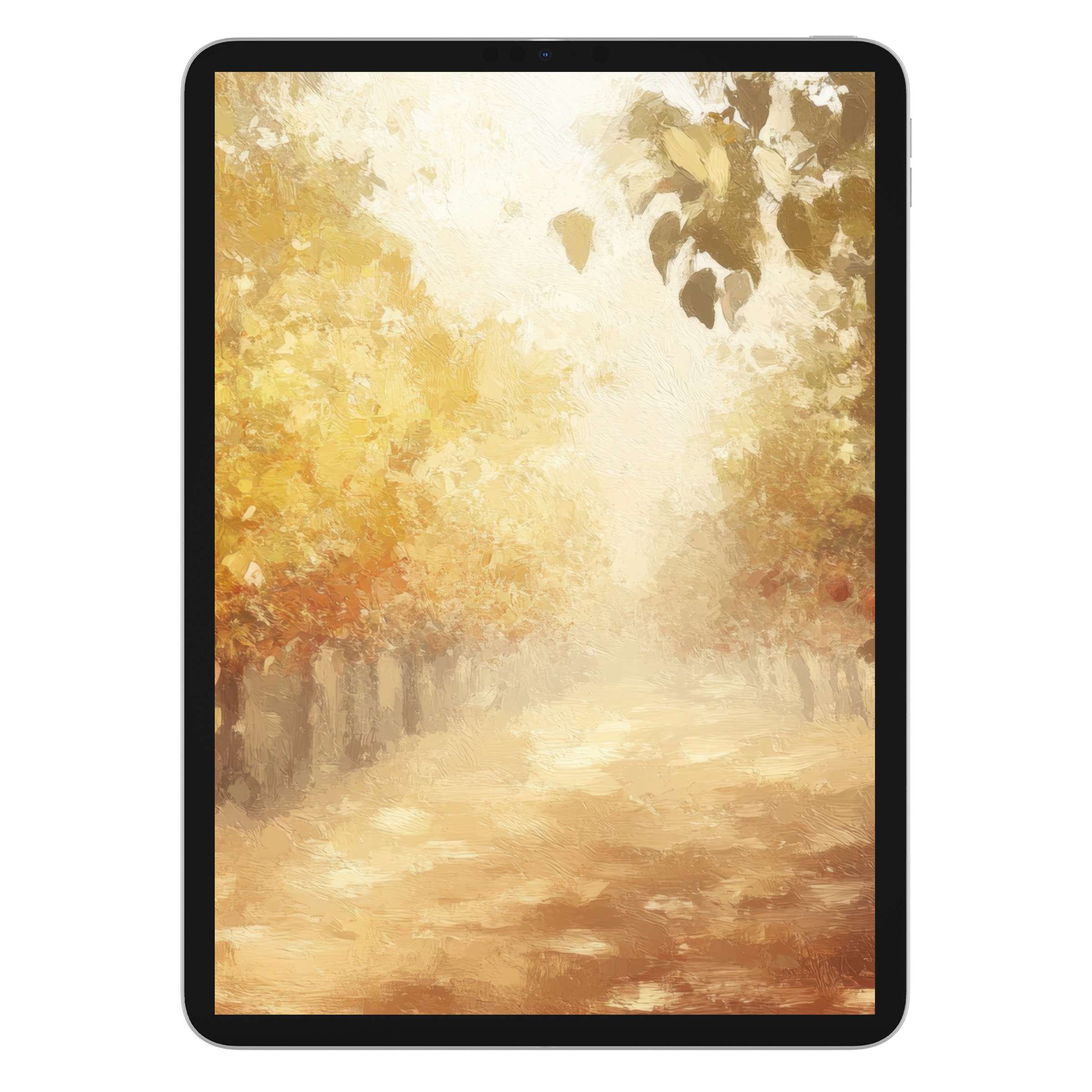 Warm abstract fall iPad wallpaper with golden leaves, perfect digital download for aesthetic tablet background, soothing and sustainable