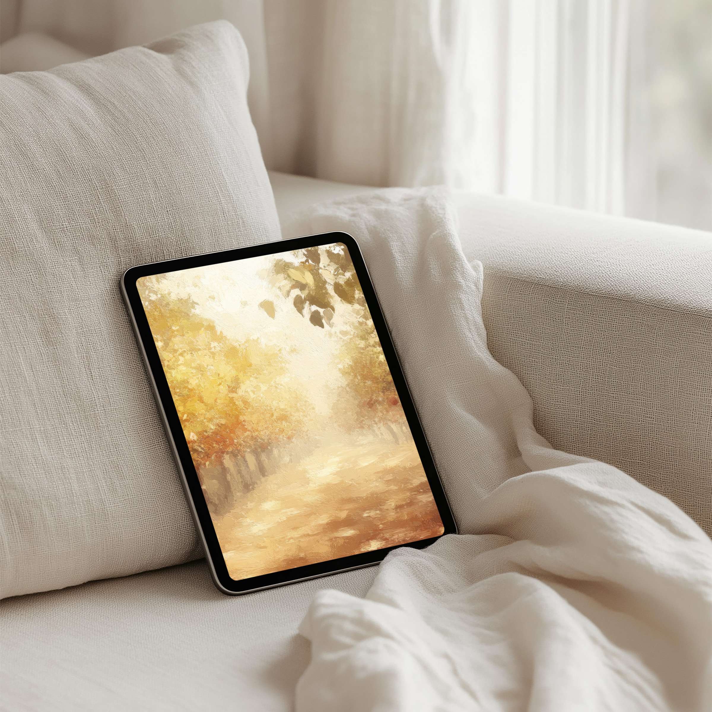 Elegant iPad background of a serene autumn path for instant download, perfectly fitting any tablet for calm inspiration