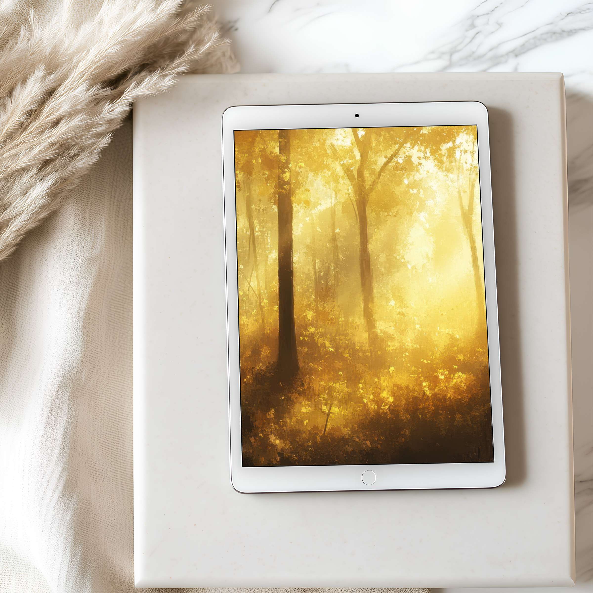 Radiate tranquility with this curated tablet wallpaper showcasing a golden forest, perfect for iPad and Android tablet digital download