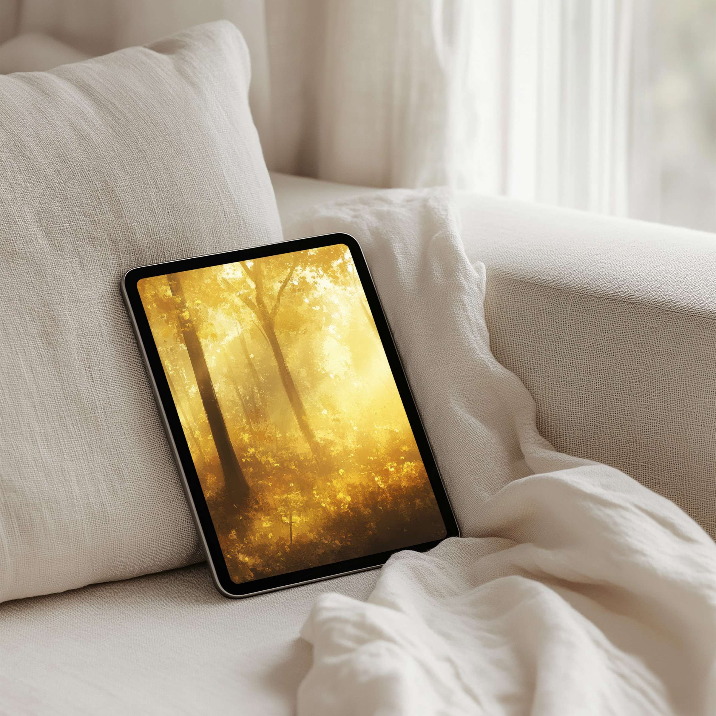 Serene golden forest iPad background for instant download evokes calm and mindfulness fits Samsung and Android tablets