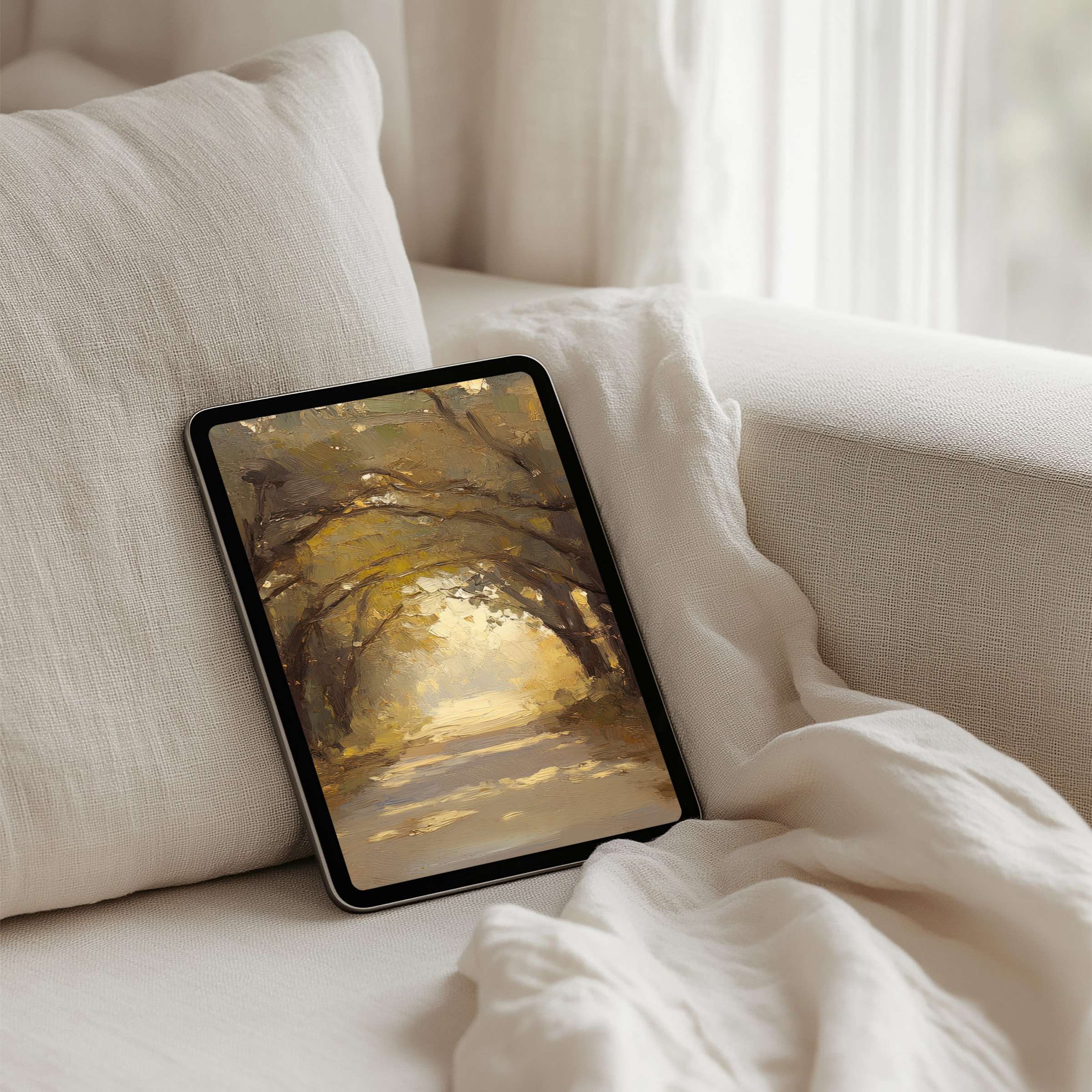 Elegant iPad background featuring a serene forest path painting for instant download calming any tablet with natural inspiration
