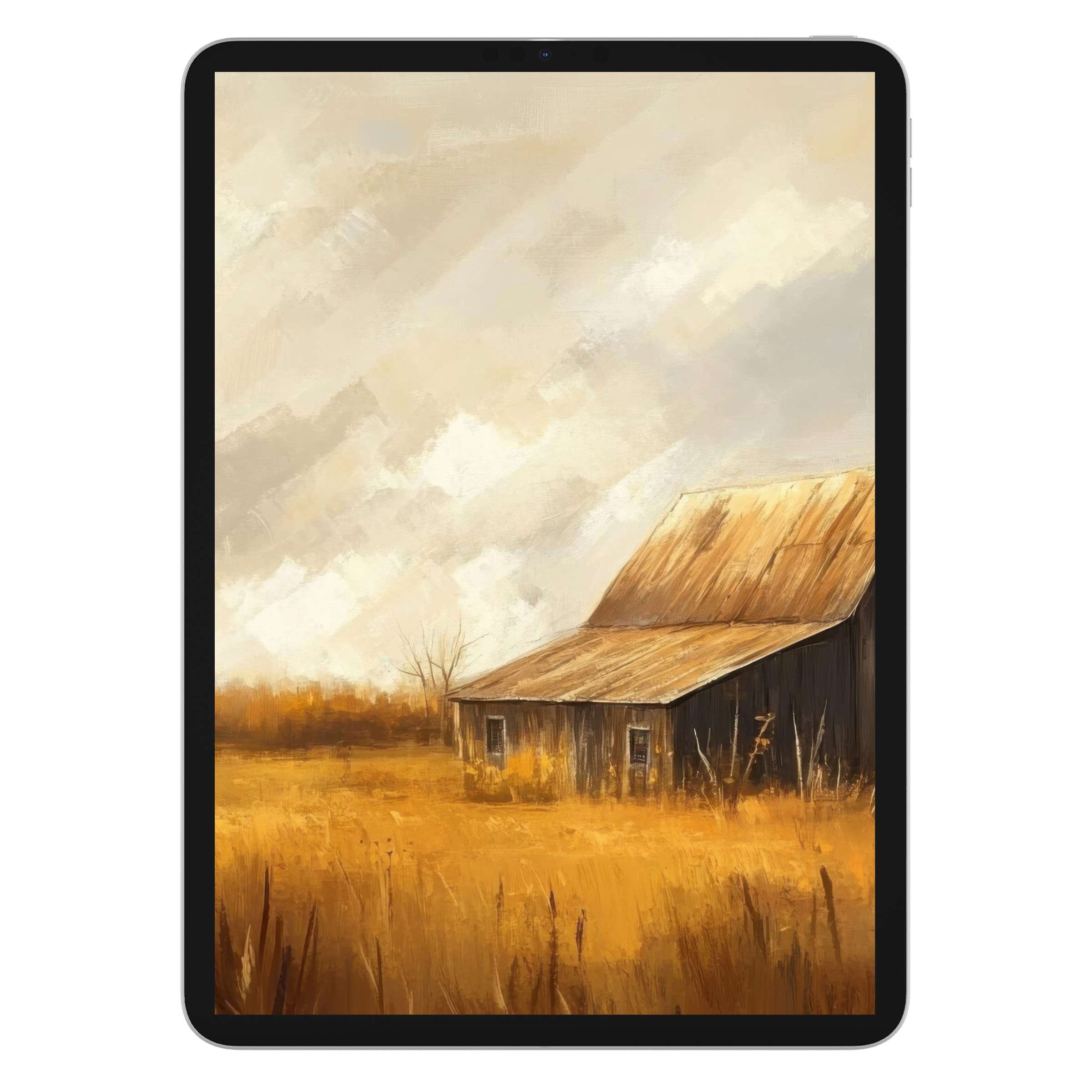 Rustic barn in golden autumn field creates serene fall iPad wallpaper for tablets, perfect digital download for cozy backgrounds