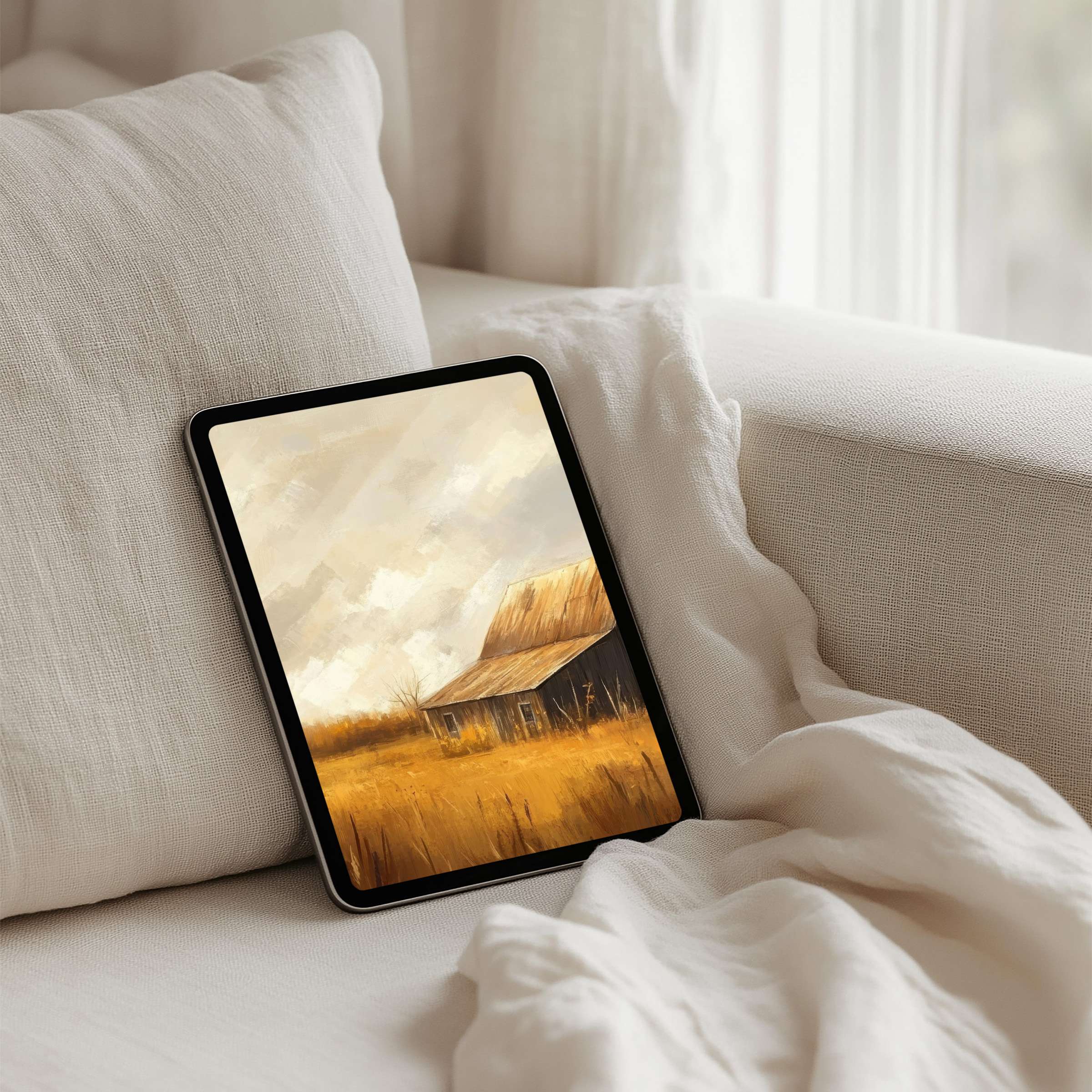 Warm, rustic landscape iPad background on a tablet enhances calm and elegance, perfect for instant download to inspire mindfulness