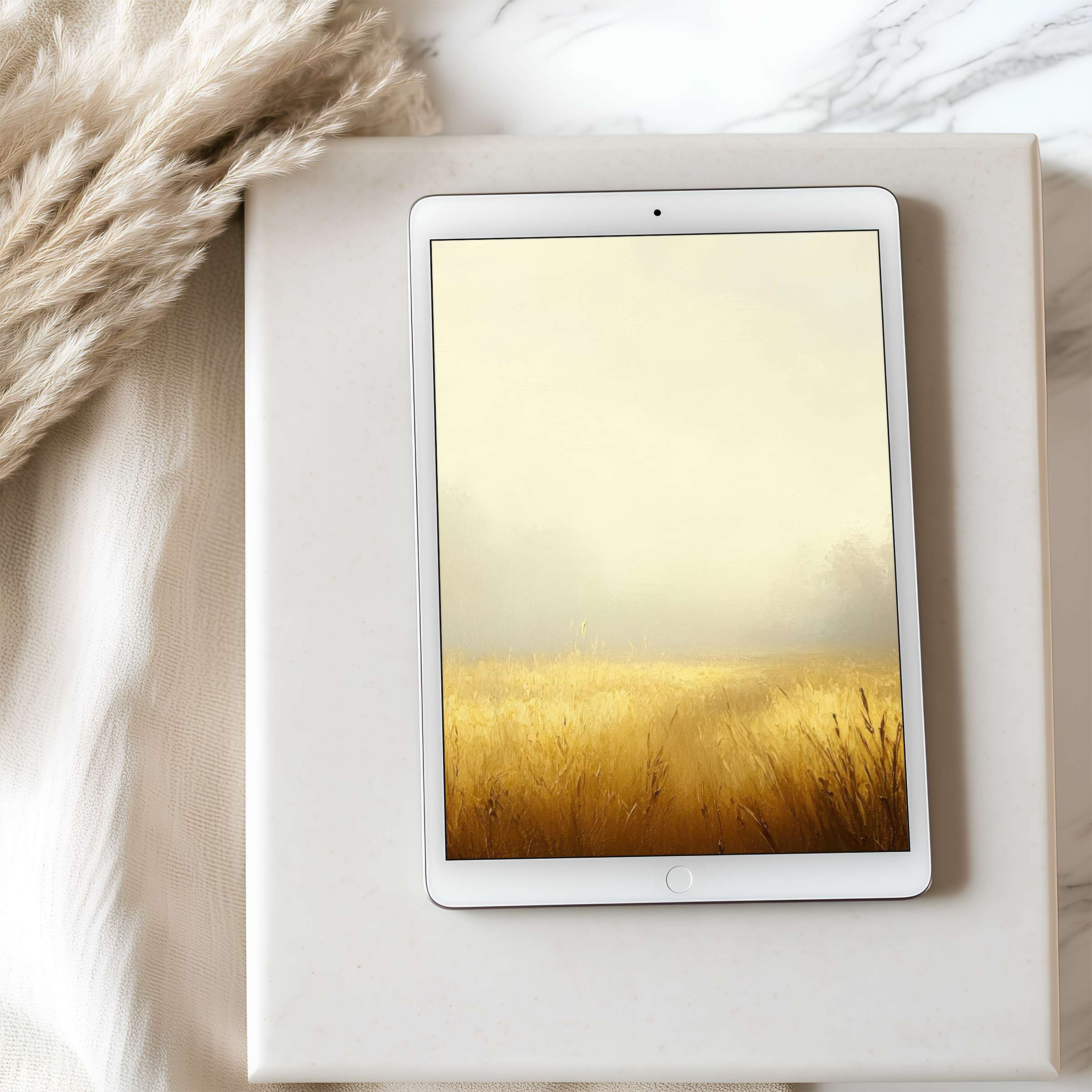 Elegant high-resolution tablet wallpaper featuring calming golden fields in misty light, ideal for digital download on iPad or Android