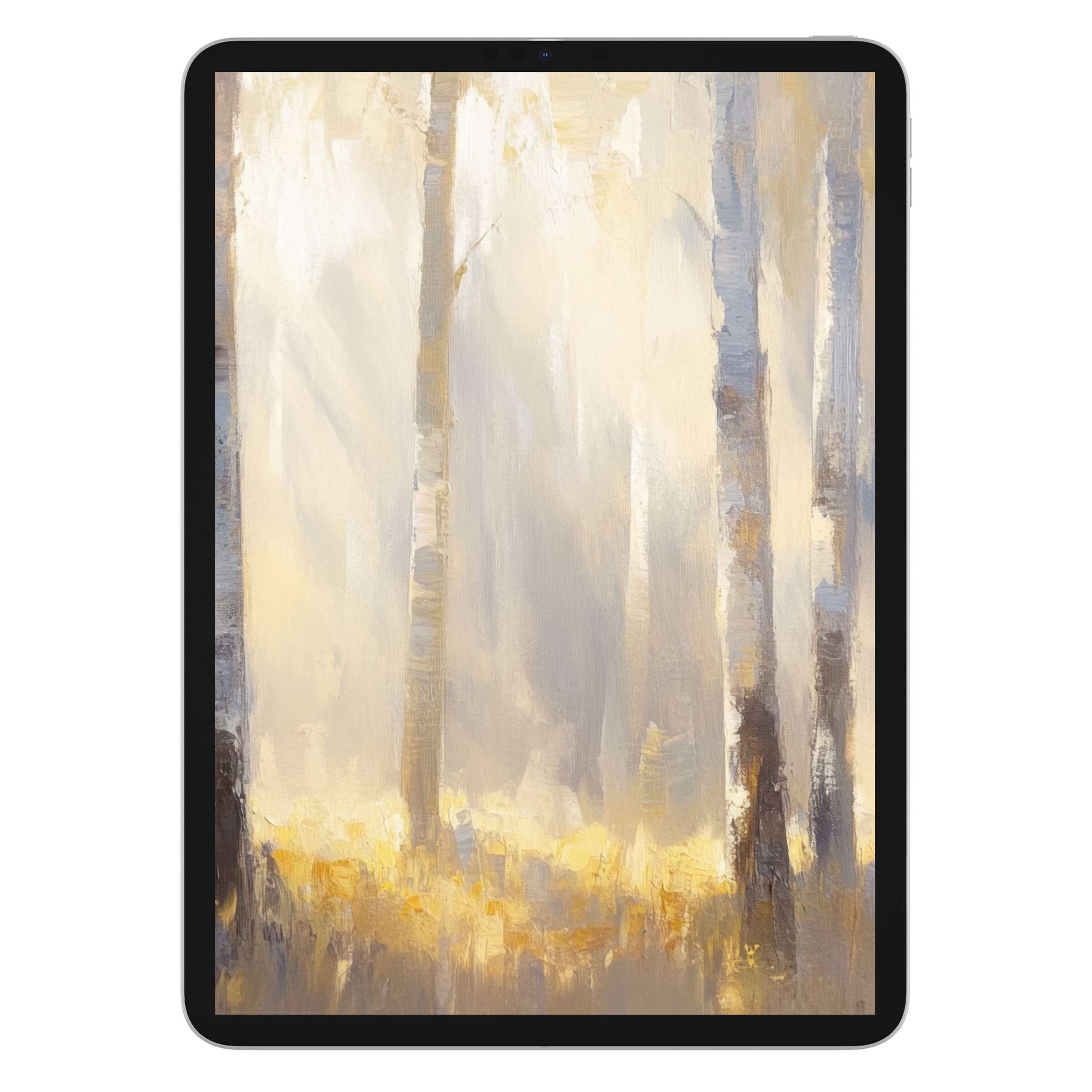 Elegant fall iPad wallpaper featuring serene birch trees and warm hues, perfect digital download for calming tablet background
