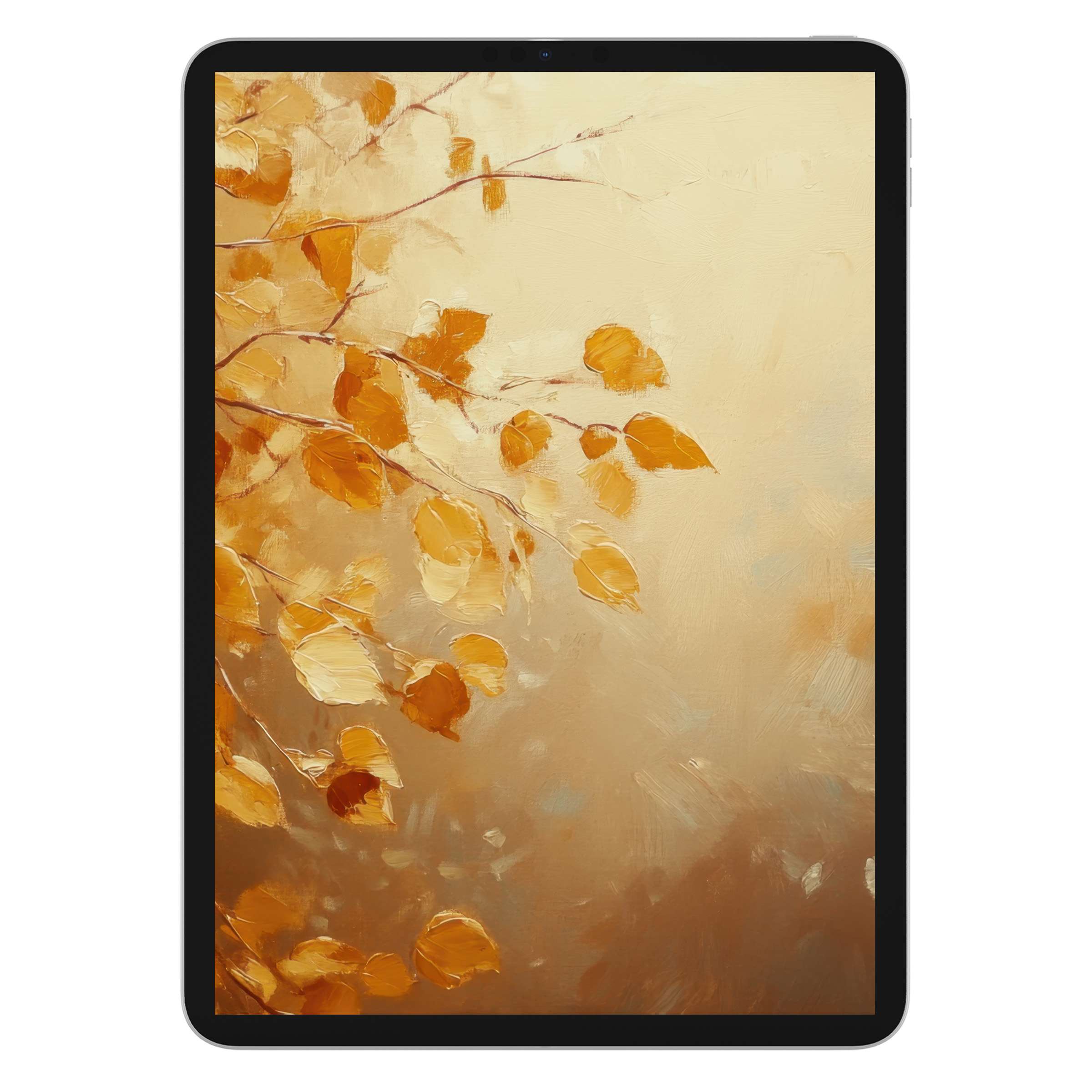 Elegant fall iPad wallpaper featuring golden leaves on a textured background perfect digital download for all tablets and devices