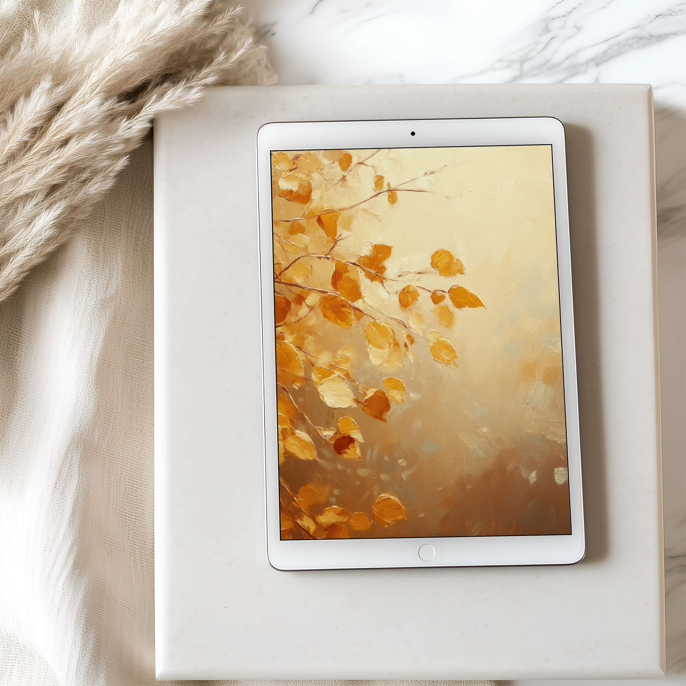Elegant autumn leaves art on a tablet wallpaper, perfect for iPad and Android tablets, offering a serene, high-resolution digital download