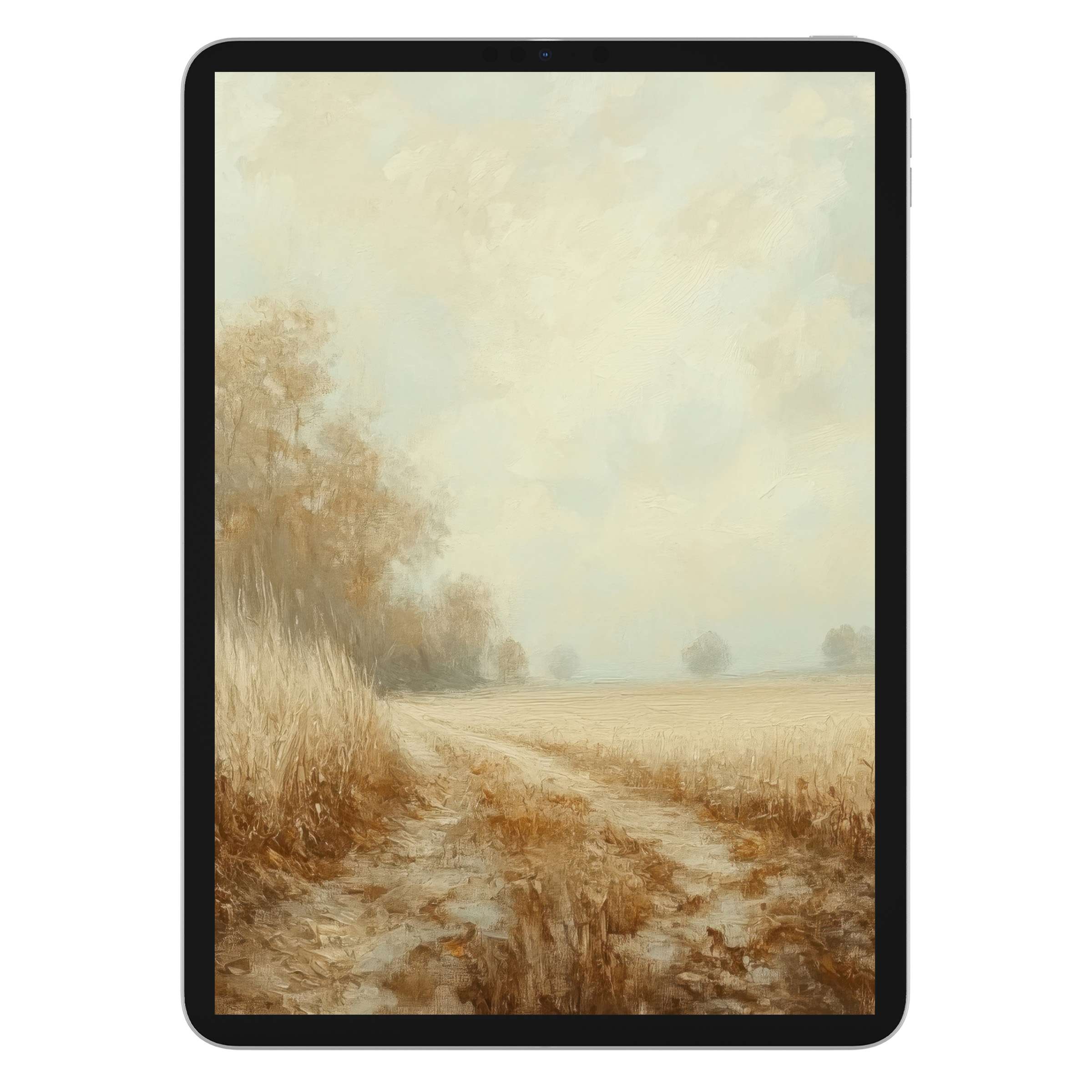 Serene fall iPad wallpaper showcasing a misty golden field, ideal tablet background; digital download evokes autumn tranquility