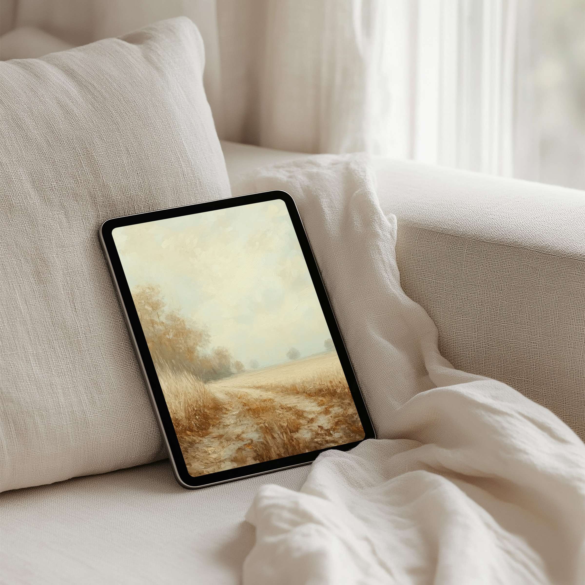 Elegant iPad background with serene landscape art offers instant download for tablet users seeking calming, aesthetic inspiration