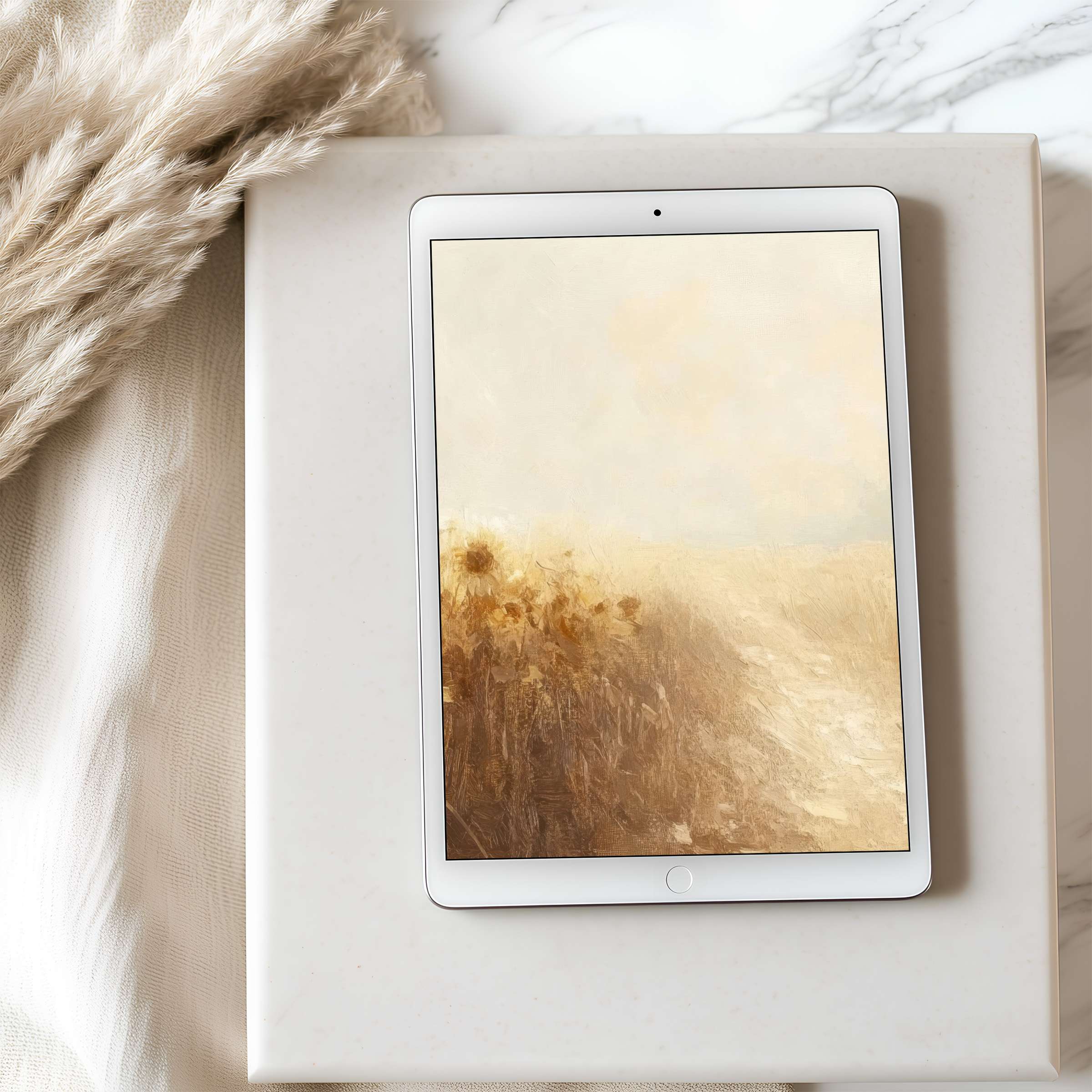 Elegant tablet wallpaper featuring serene golden fields painted in soft brushstrokes perfect for high-resolution iPad or Android tablets