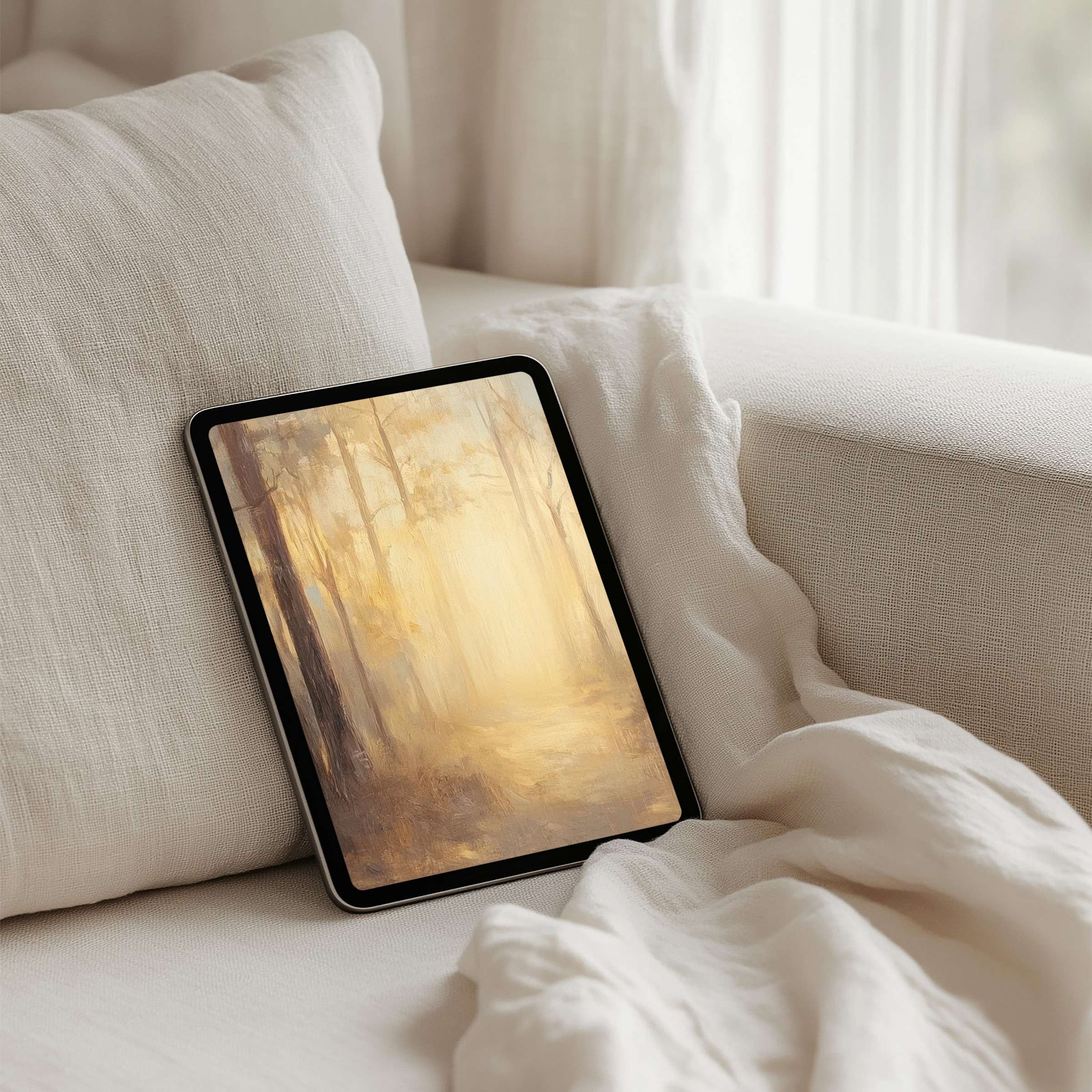 Elegant watercolor forest iPad background evokes calm and inspiration instant download fits iPad and tablet screens perfectly