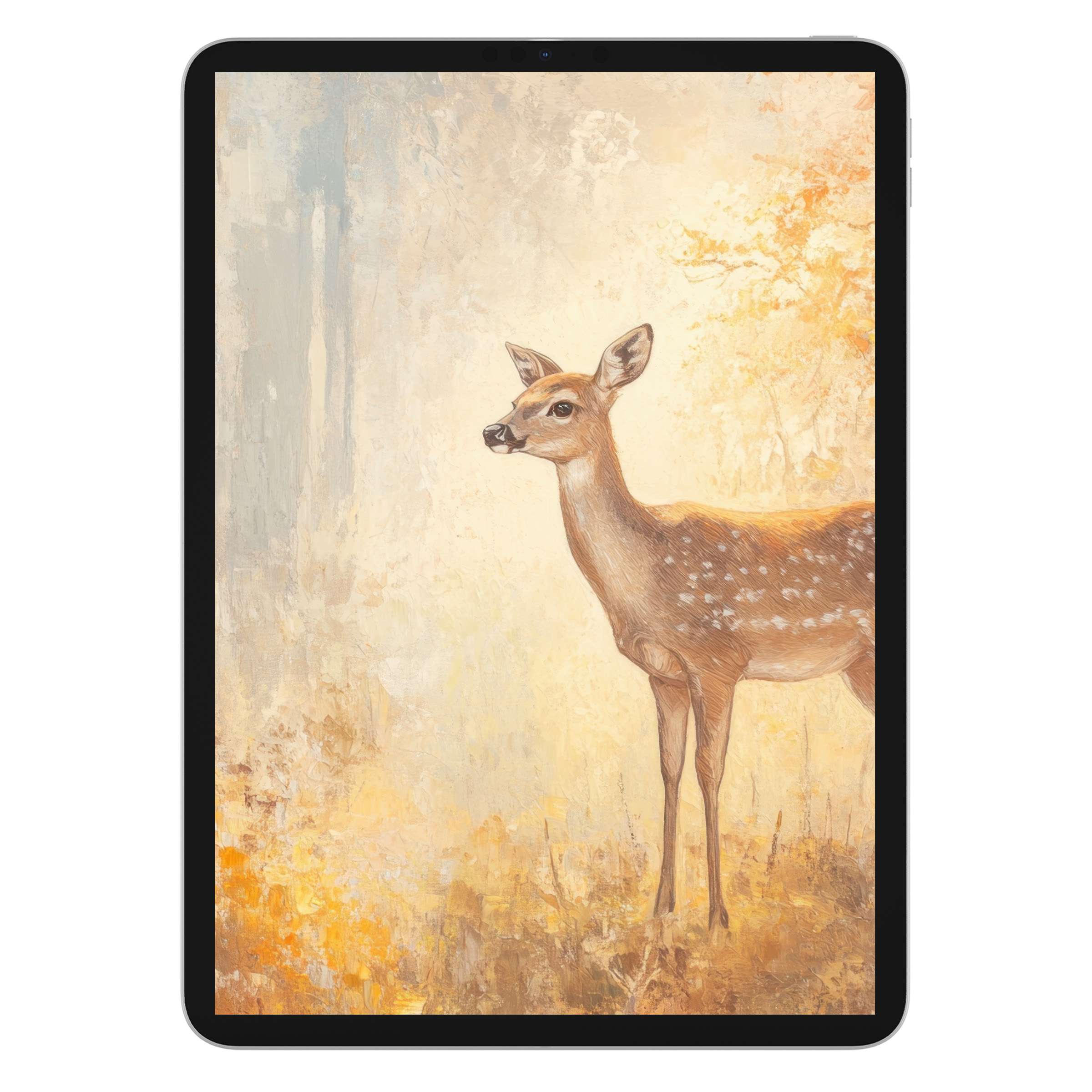 Elegant fall iPad wallpaper featuring a serene deer amid warm earthy tones, ideal digital download for tablet backgrounds promoting tranquility