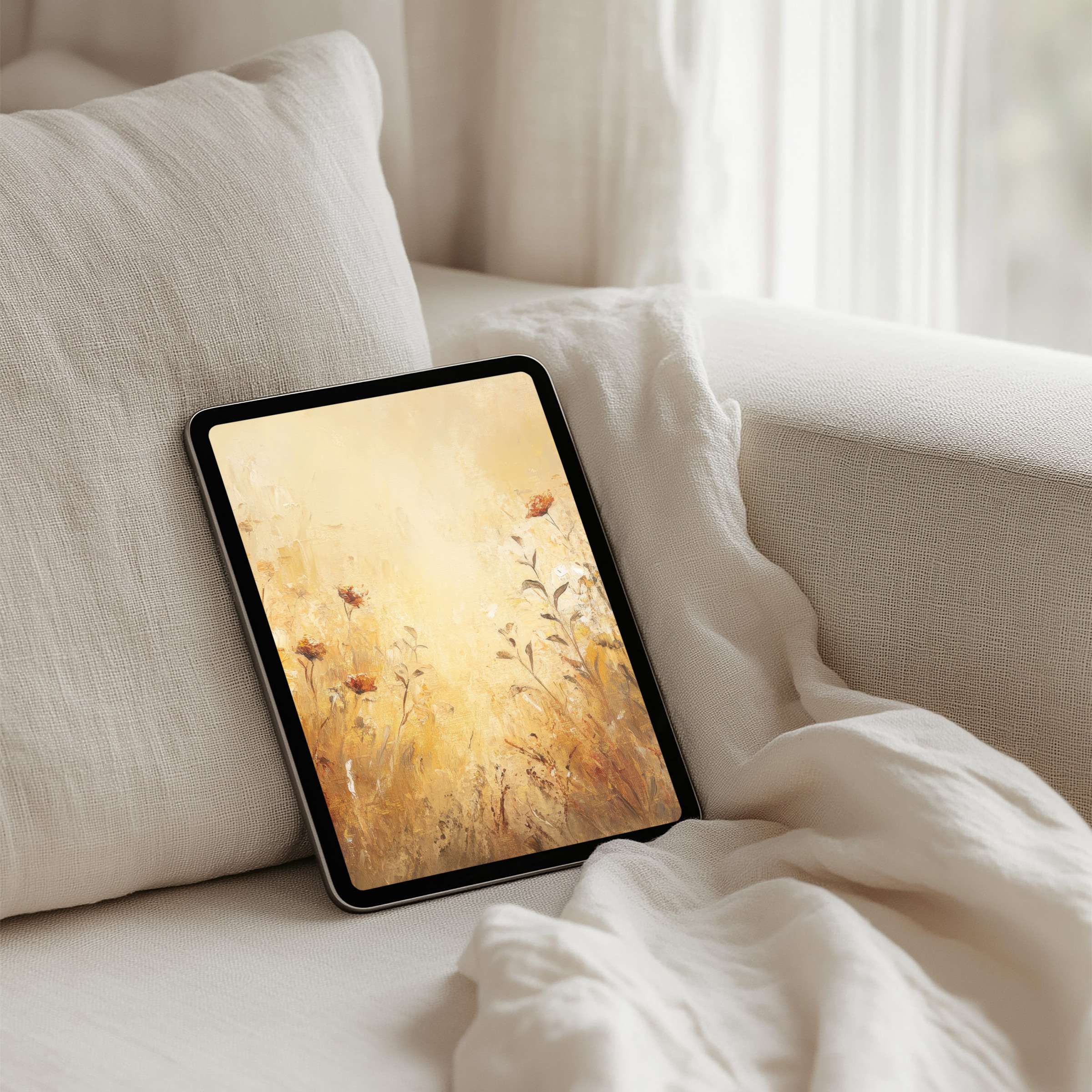 Elegant floral iPad background with warm tones offers instant download for various tablets bringing calm and inspiration to any space