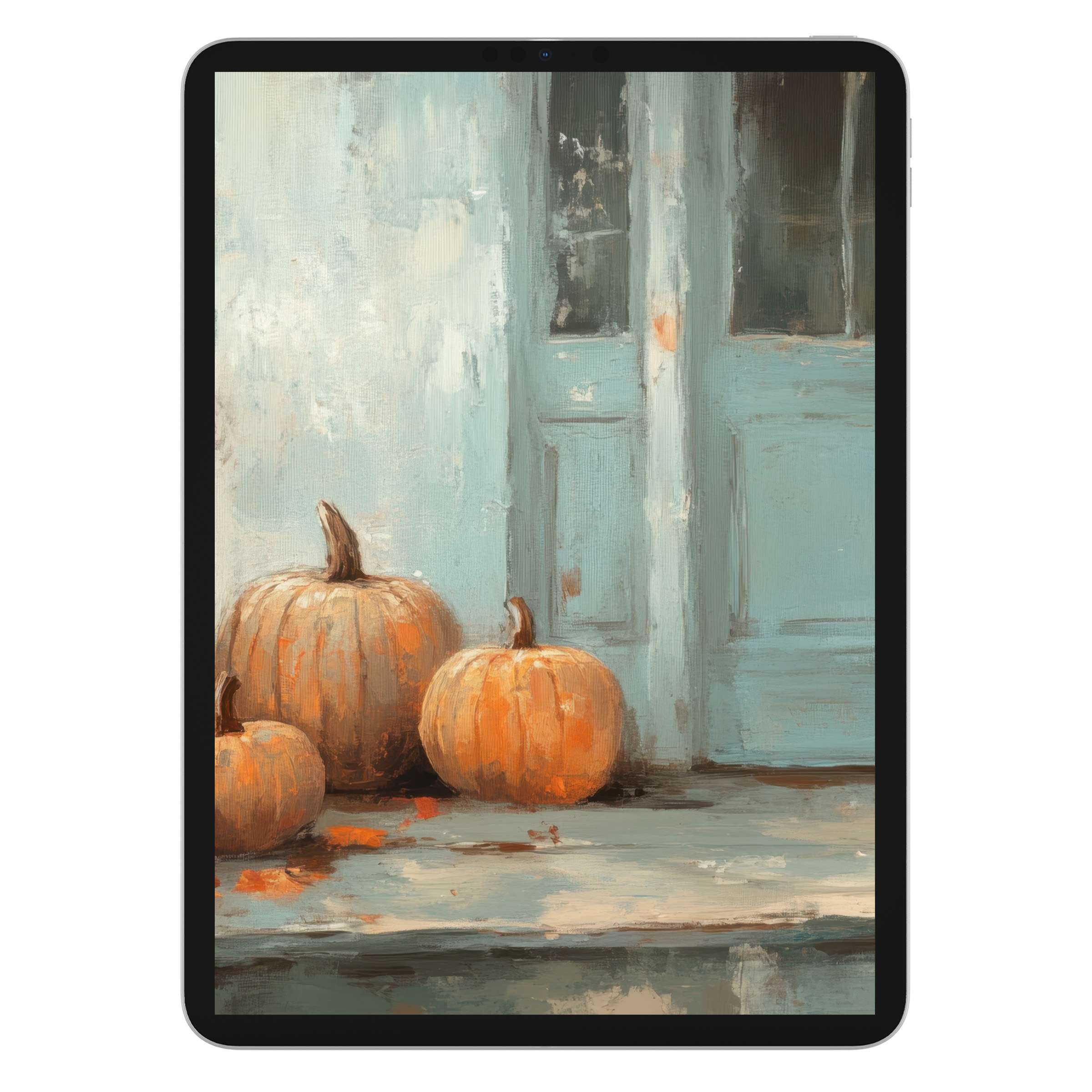 Elegant fall iPad wallpaper featuring rustic pumpkins by a weathered blue door, perfect digital download for tablet background bliss