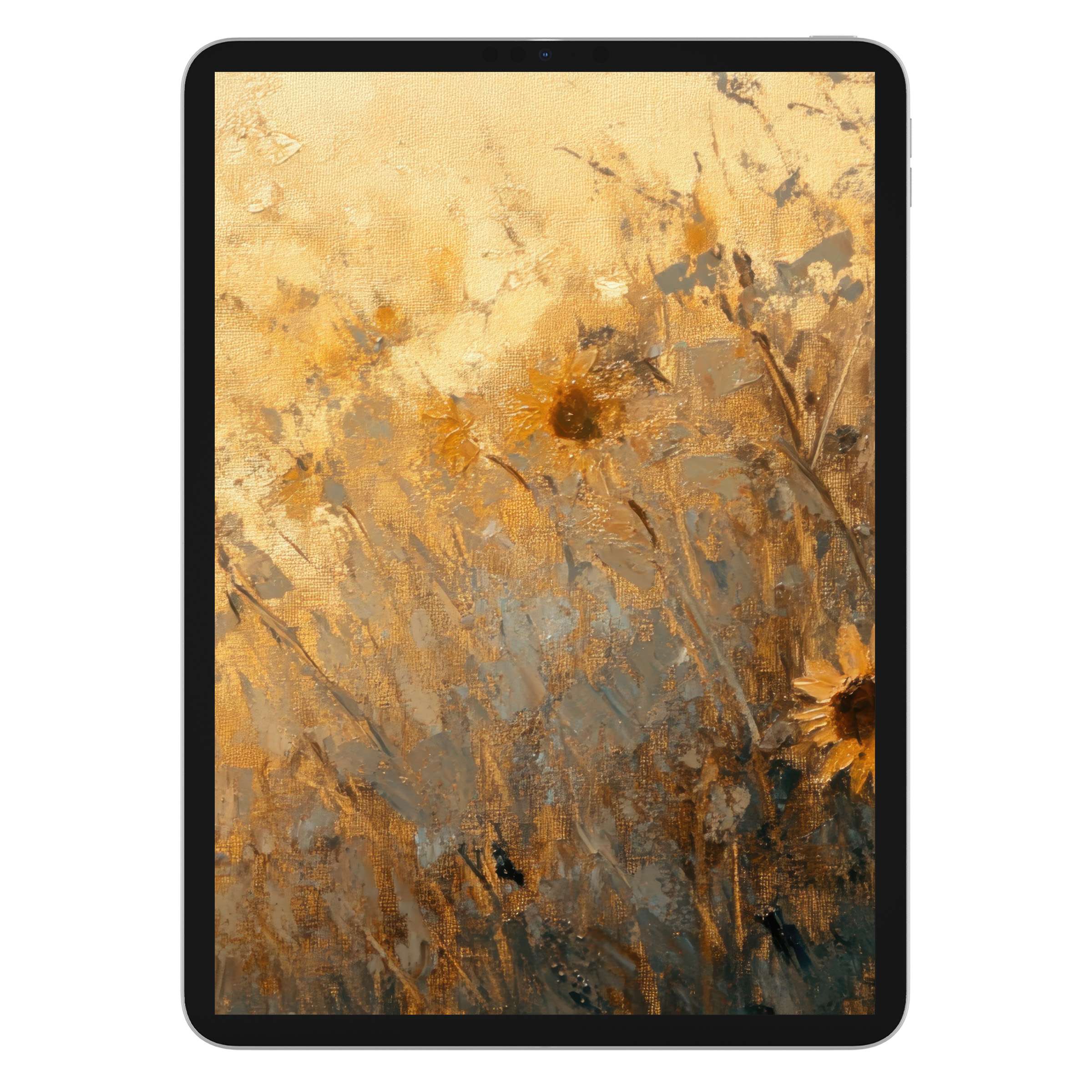 Elegant fall iPad wallpaper features textured sunflowers in warm earth tones, the perfect digital download for tablet backgrounds