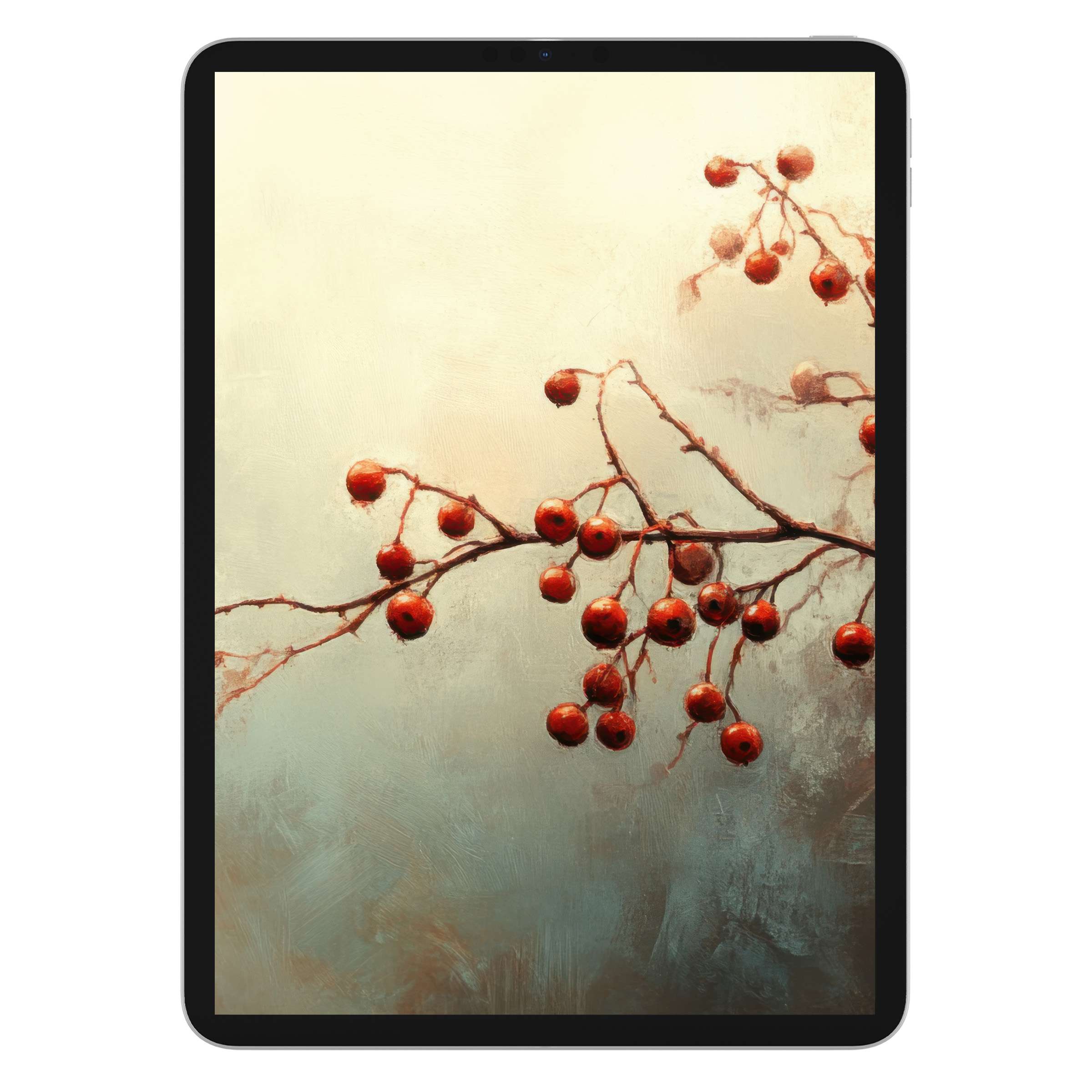 Elegant fall iPad wallpaper features red berries on a branch with a textured, soothing background ideal for tablet digital download