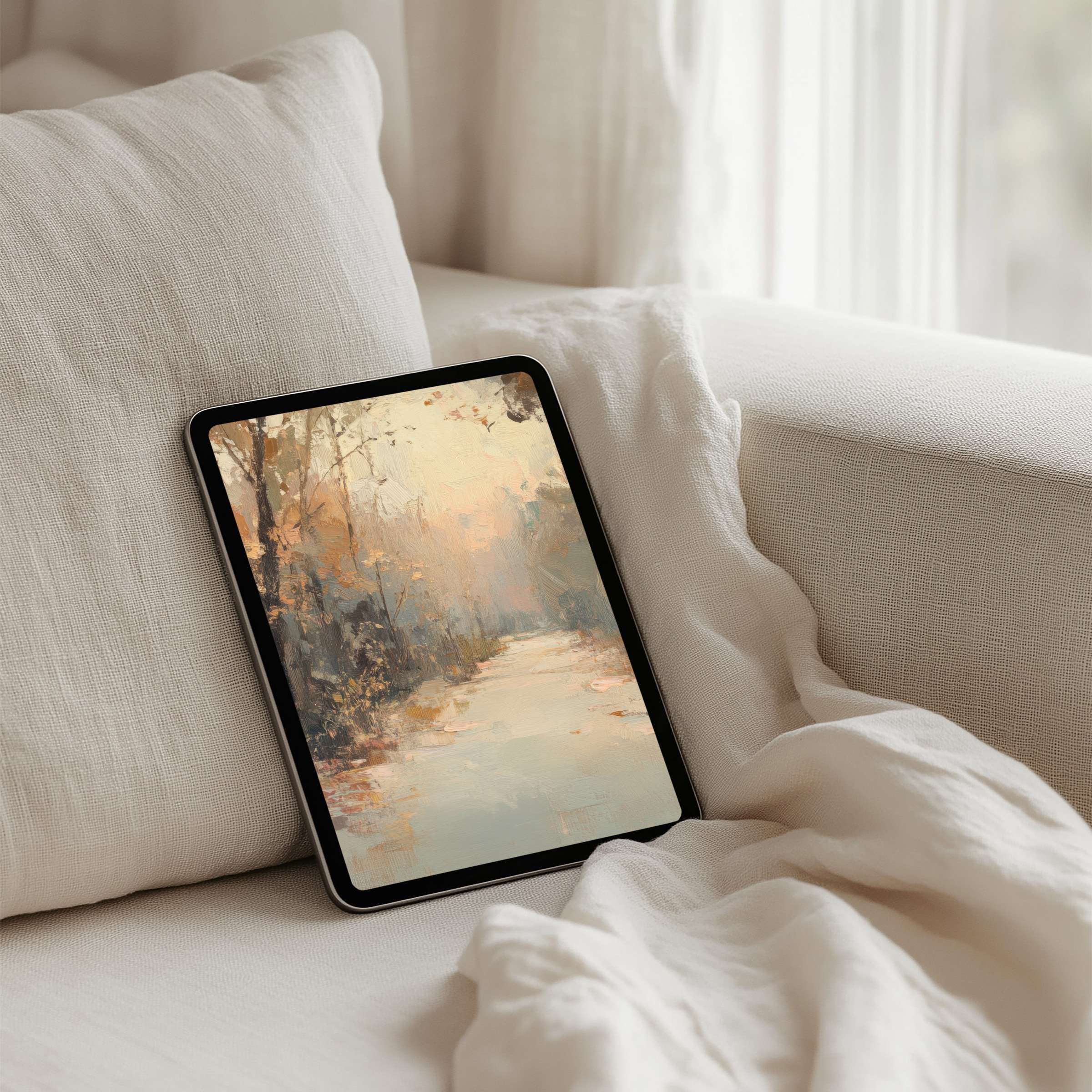 Elegant iPad background art with serene autumn hues for instant download, perfect for any tablet to inspire calm and mindfulness