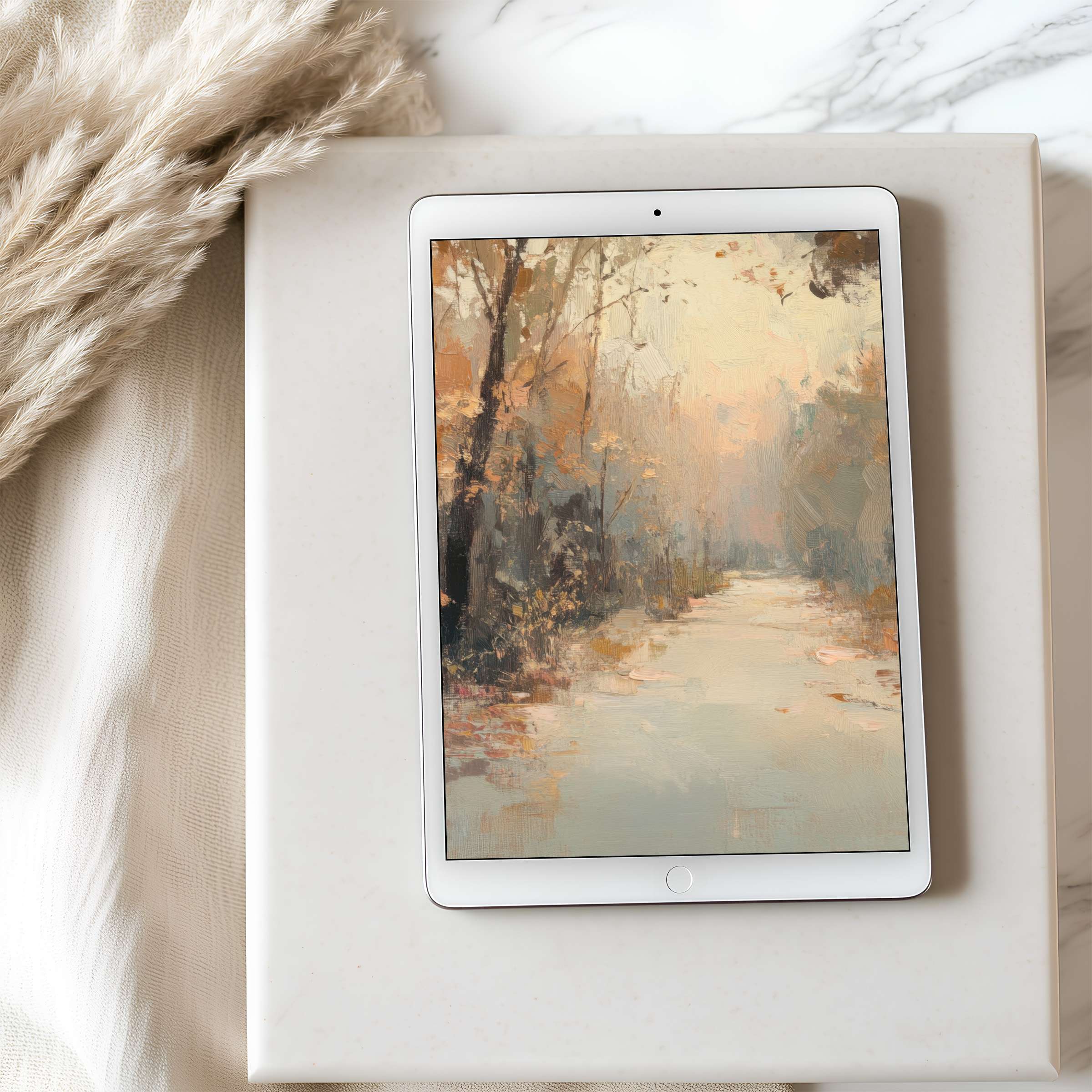 Elegant tablet wallpaper showcases serene autumn forest with warm hues, perfect high resolution for curated digital downloads on iPad