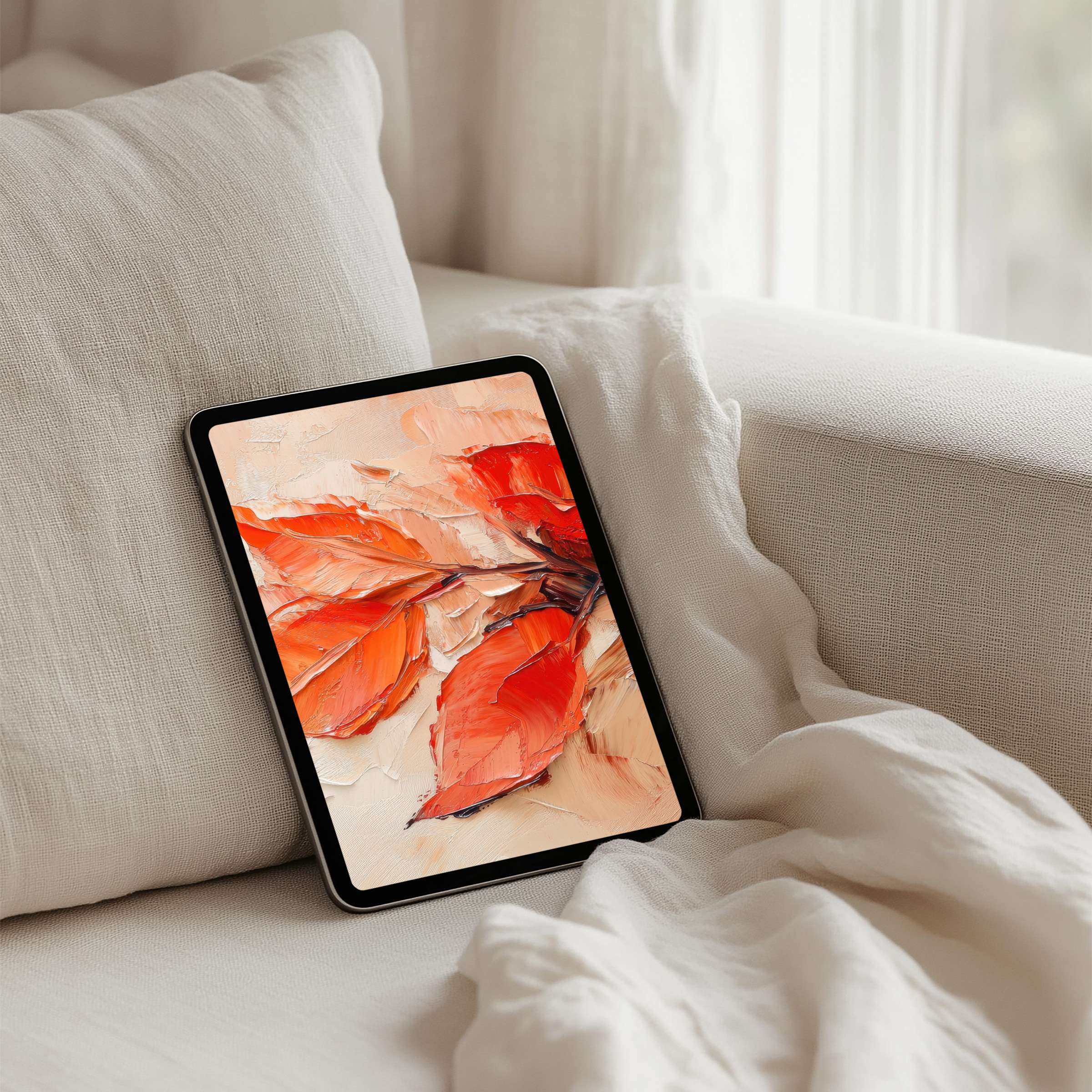 Elegant iPad background with vibrant orange leaves painted in oil style offering instant download for any tablet user seeking inspiration
