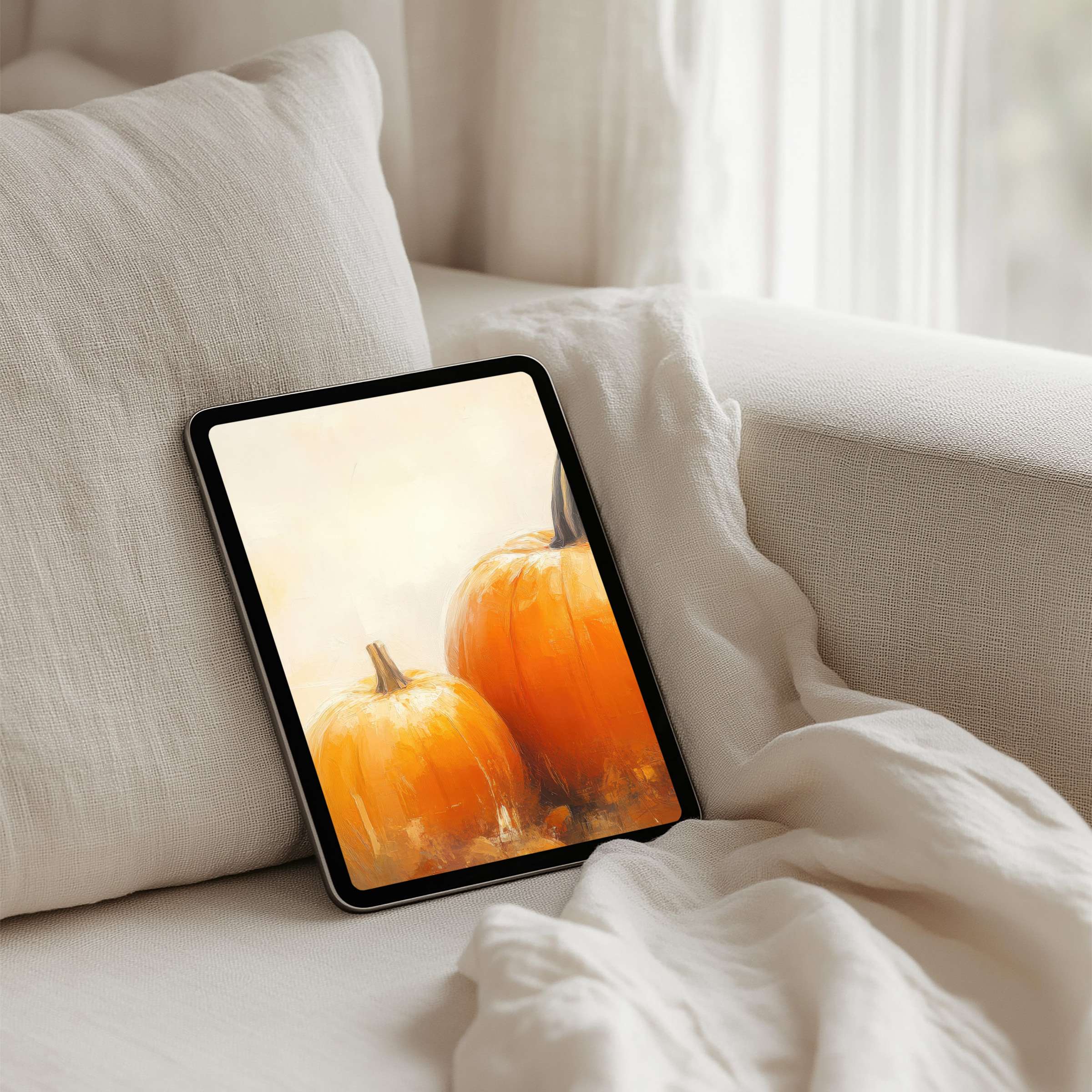 Warm, autumnal pumpkins on an iPad background offer instant download for any tablet, inspiring elegance and mindfulness in your space