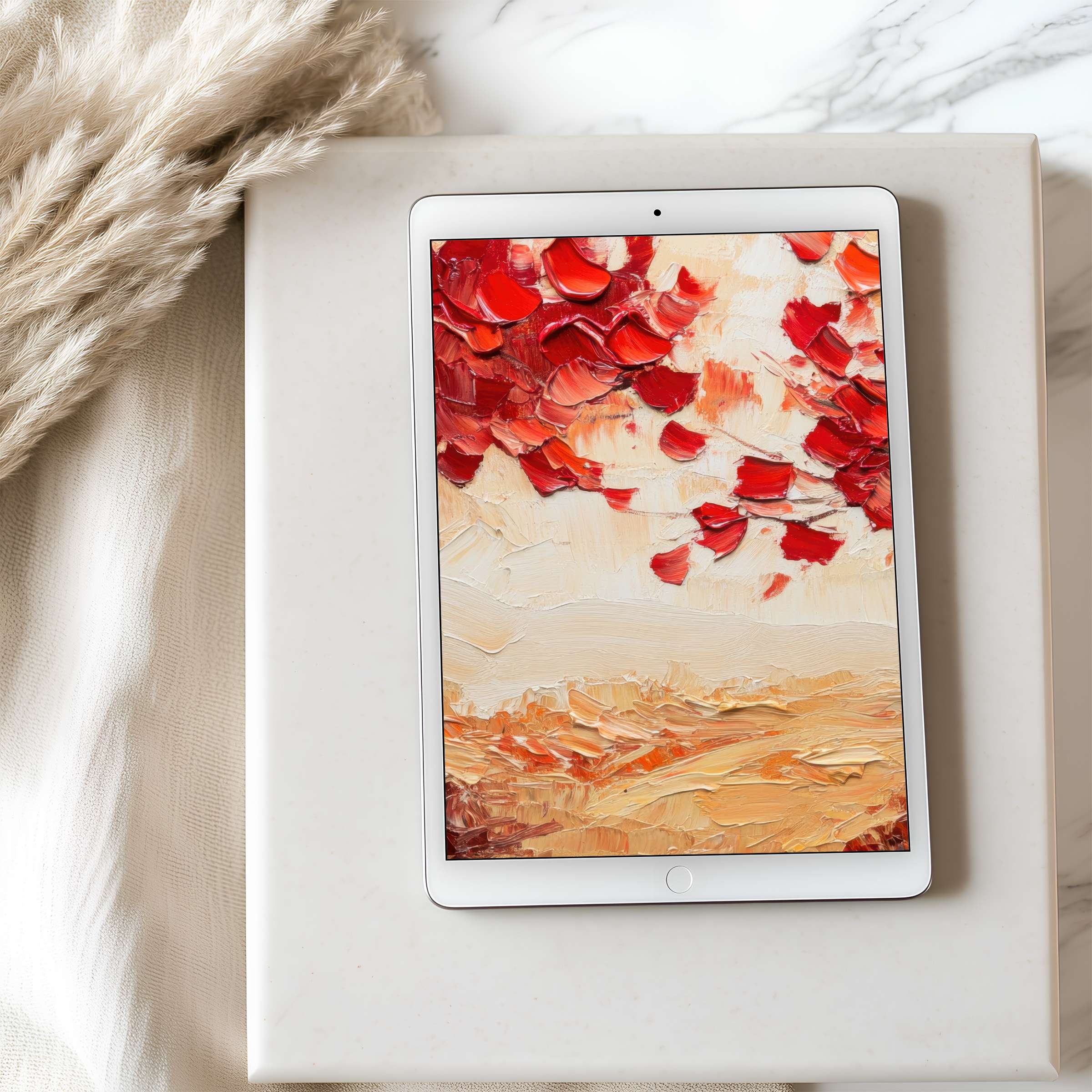 Vibrant abstract landscape tablet wallpaper on an iPad, featuring bold red and orange brush strokes, perfect for serene, high-resolution digital downloads