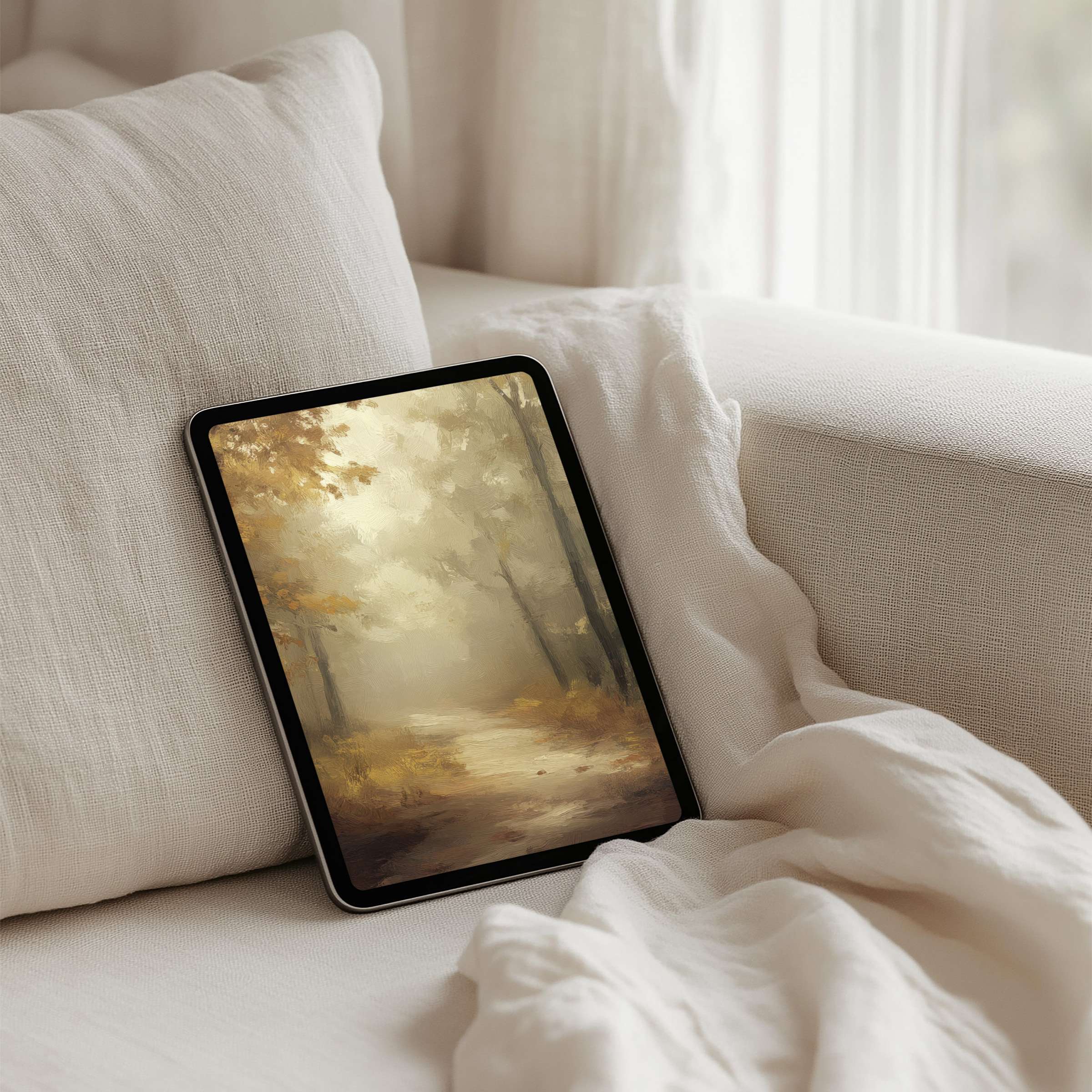 Elegant autumn forest iPad background for instant download inspires calm and mindfulness on any tablet enhancing your space