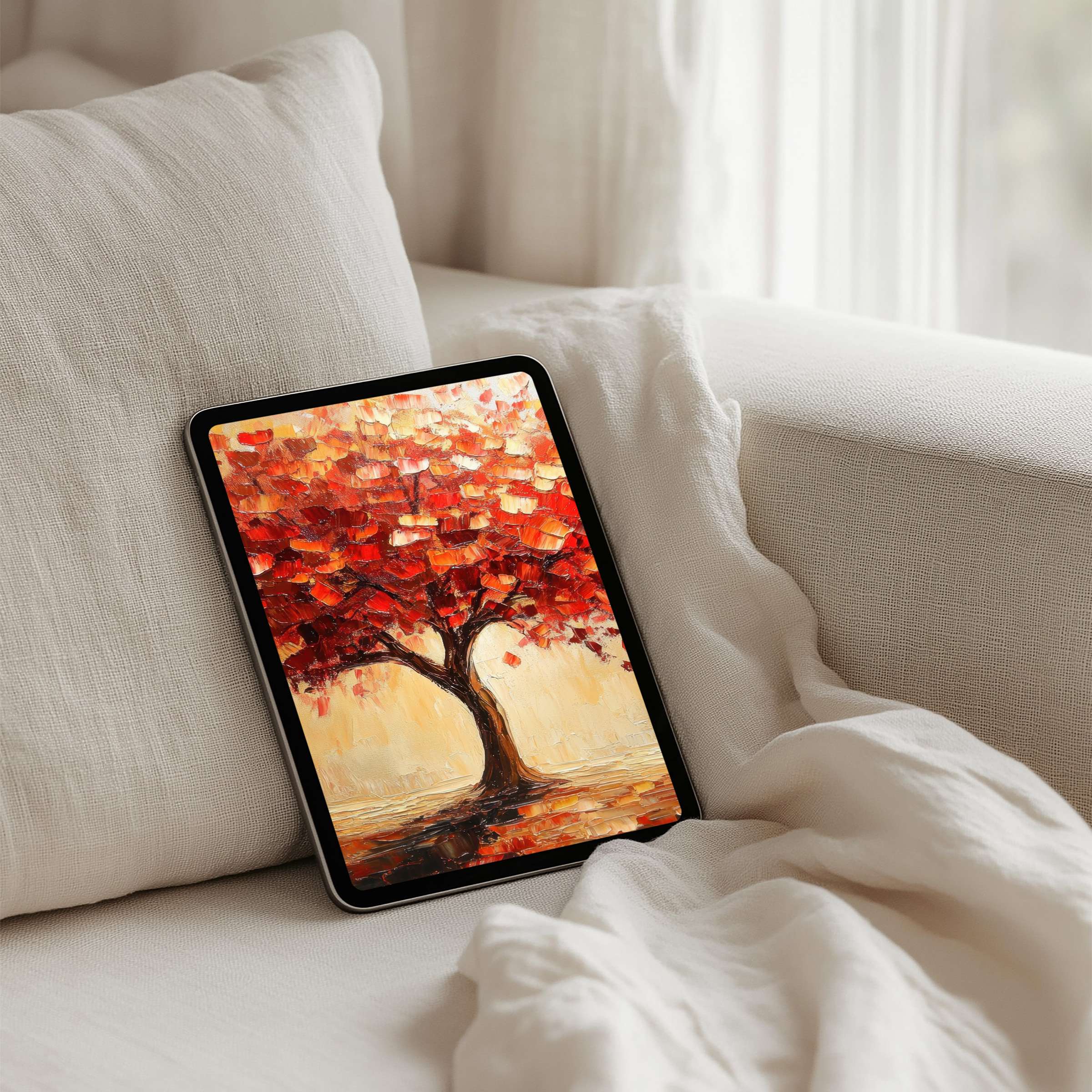 Elegant iPad background for instant download featuring a serene red tree painting perfect for any tablet inspiring calm and mindfulness