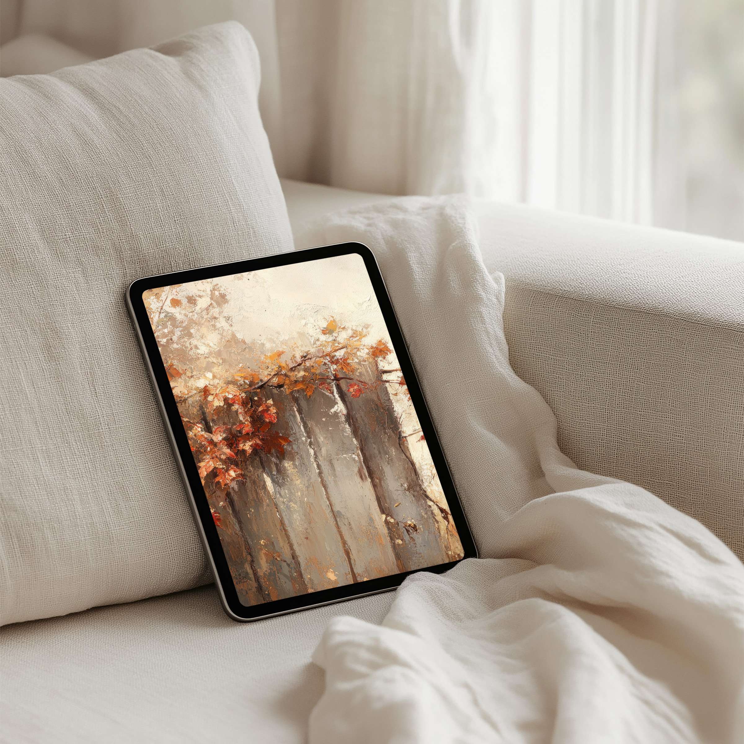 Elegant iPad background showcasing warm autumn hues on a cozy sofa offers instant download for tablet users seeking inspiration