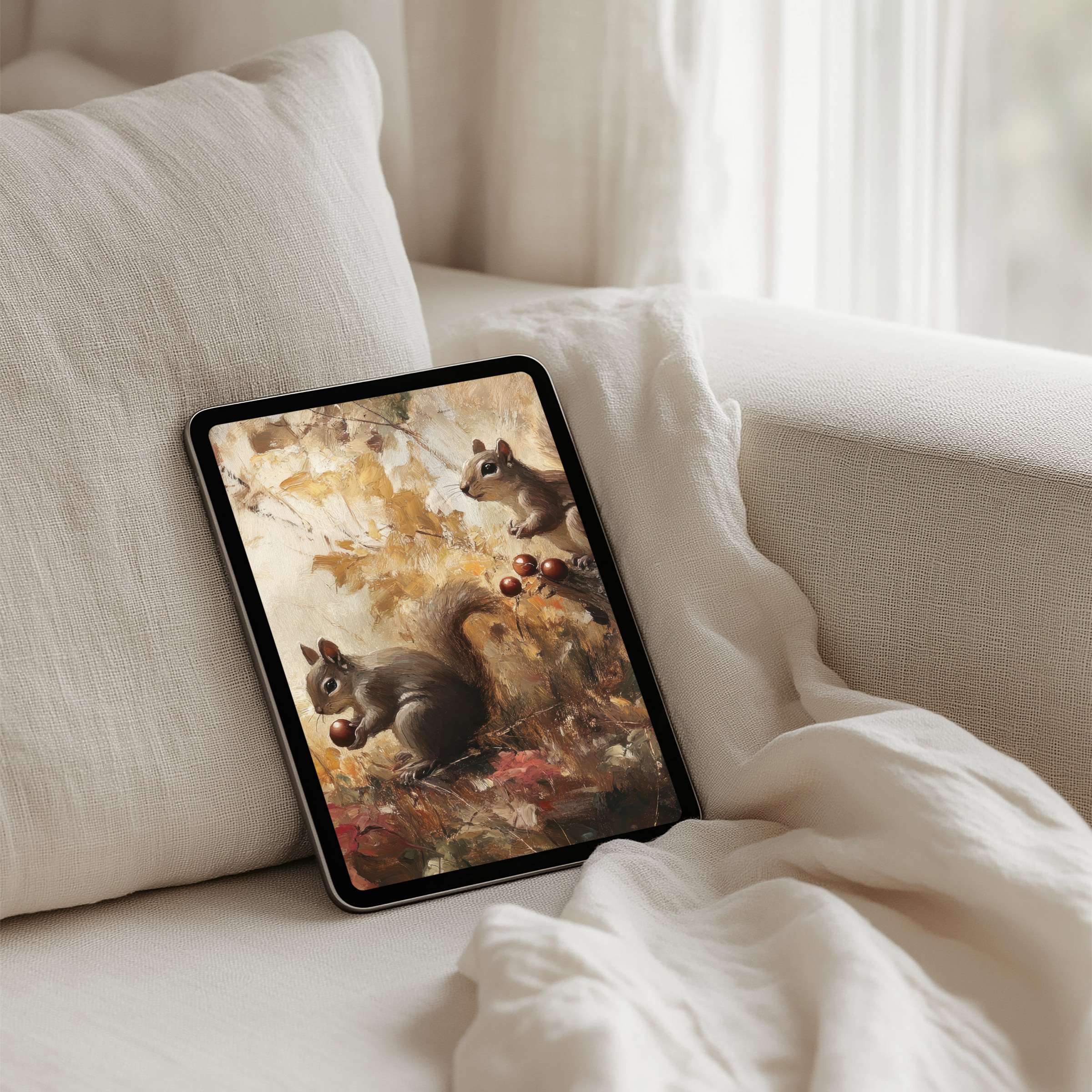 Elegant squirrel-themed iPad background capturing serene nature scenes for instant download on tablets inspiring calm and mindfulness