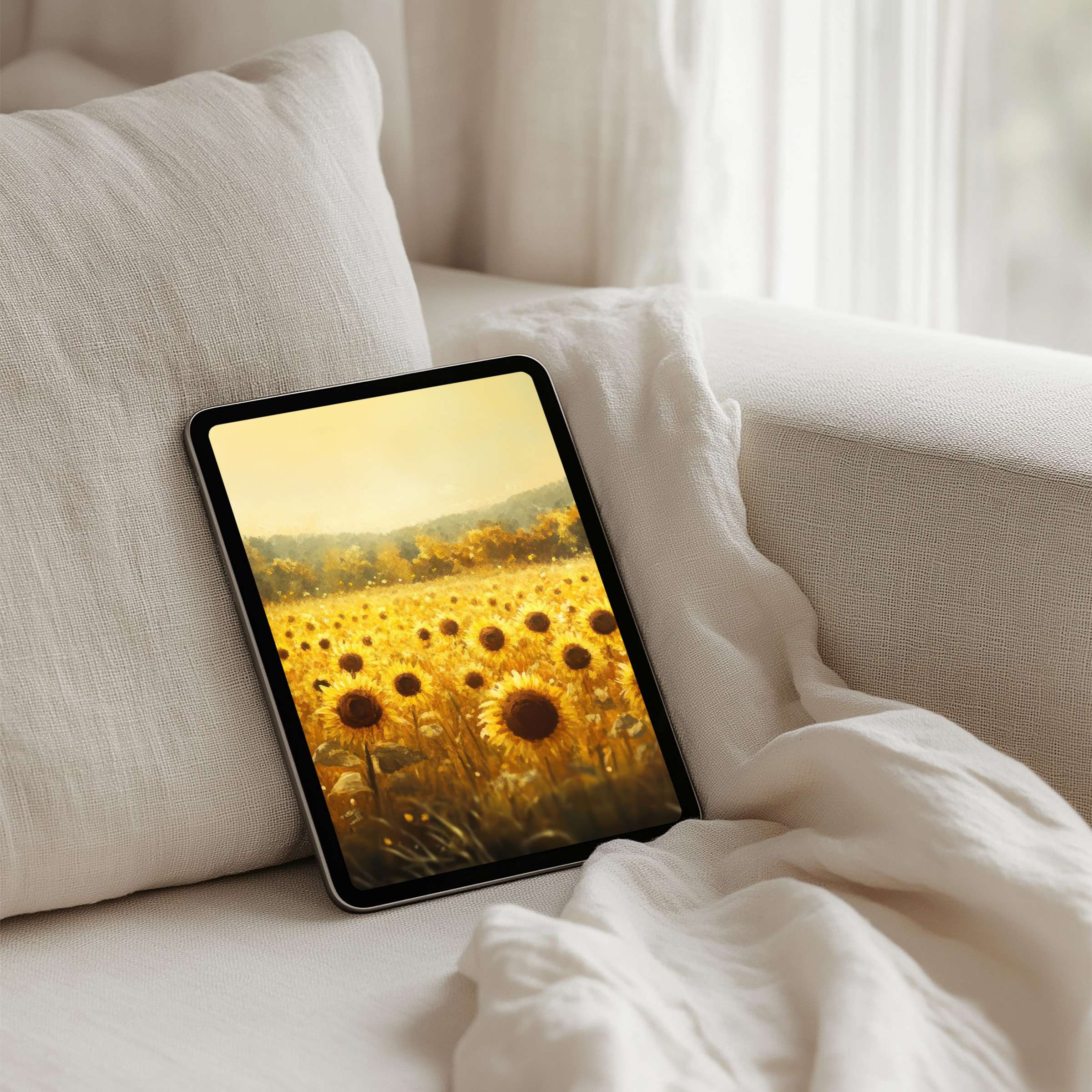 Sunny sunflower field iPad background infuses elegance and calm as an instant download for any tablet user seeking inspiration