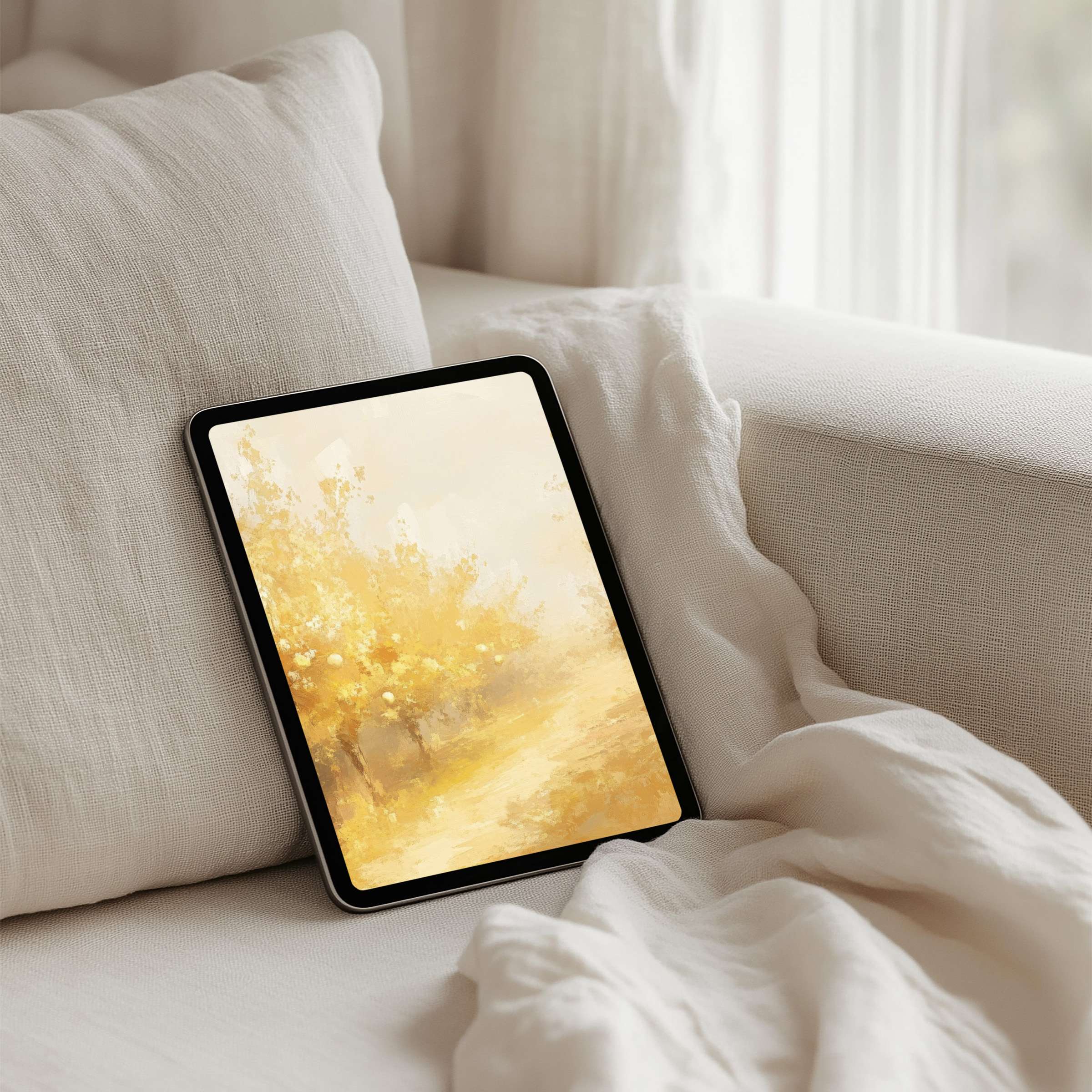 Elegant iPad background featuring a serene yellow abstract landscape, perfect for instant download to any tablet for mindful inspiration