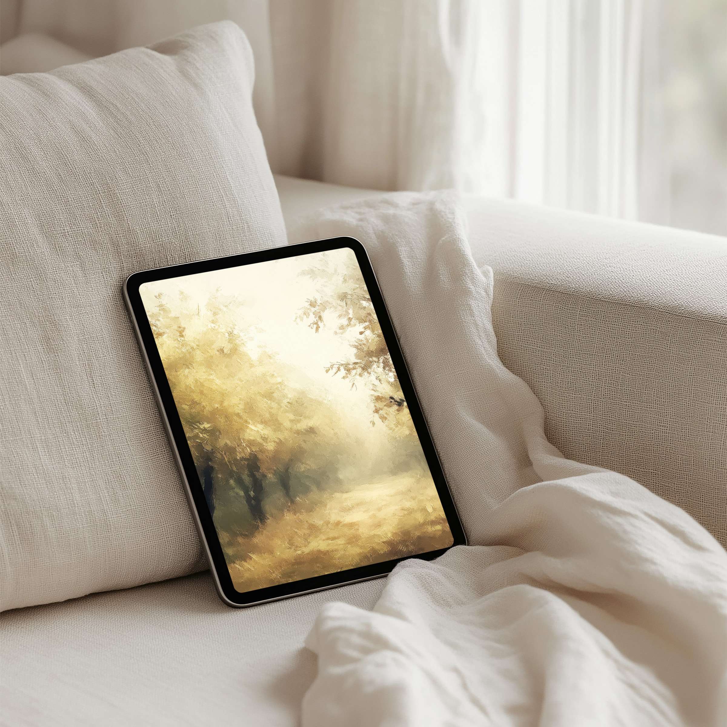Dreamy autumn forest scene iPad background combines calm, elegance, and mindfulness for instant download on any tablet device