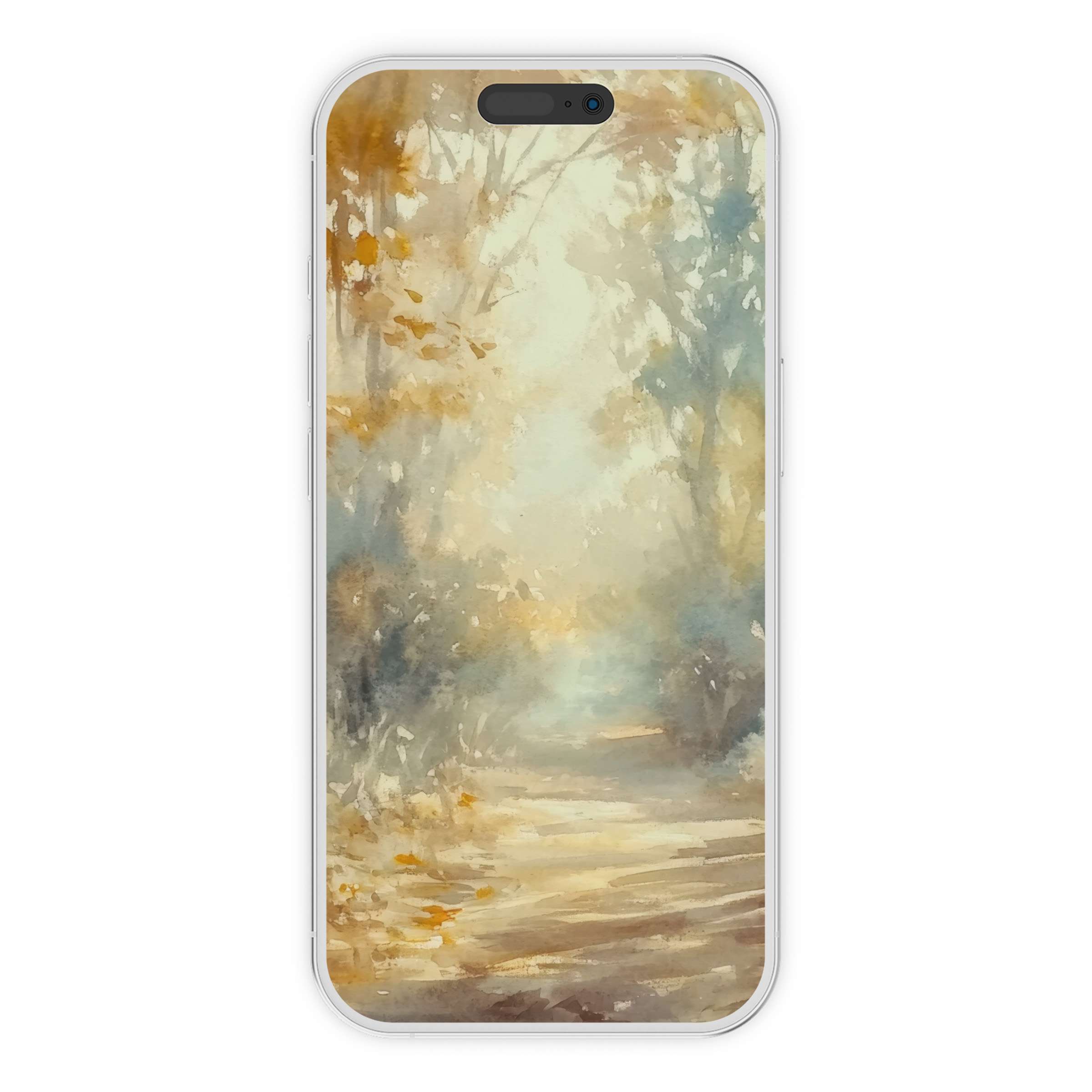 Elegant fall iPhone wallpaper featuring a serene forest path with soft, muted colors for a calming digital download phone background