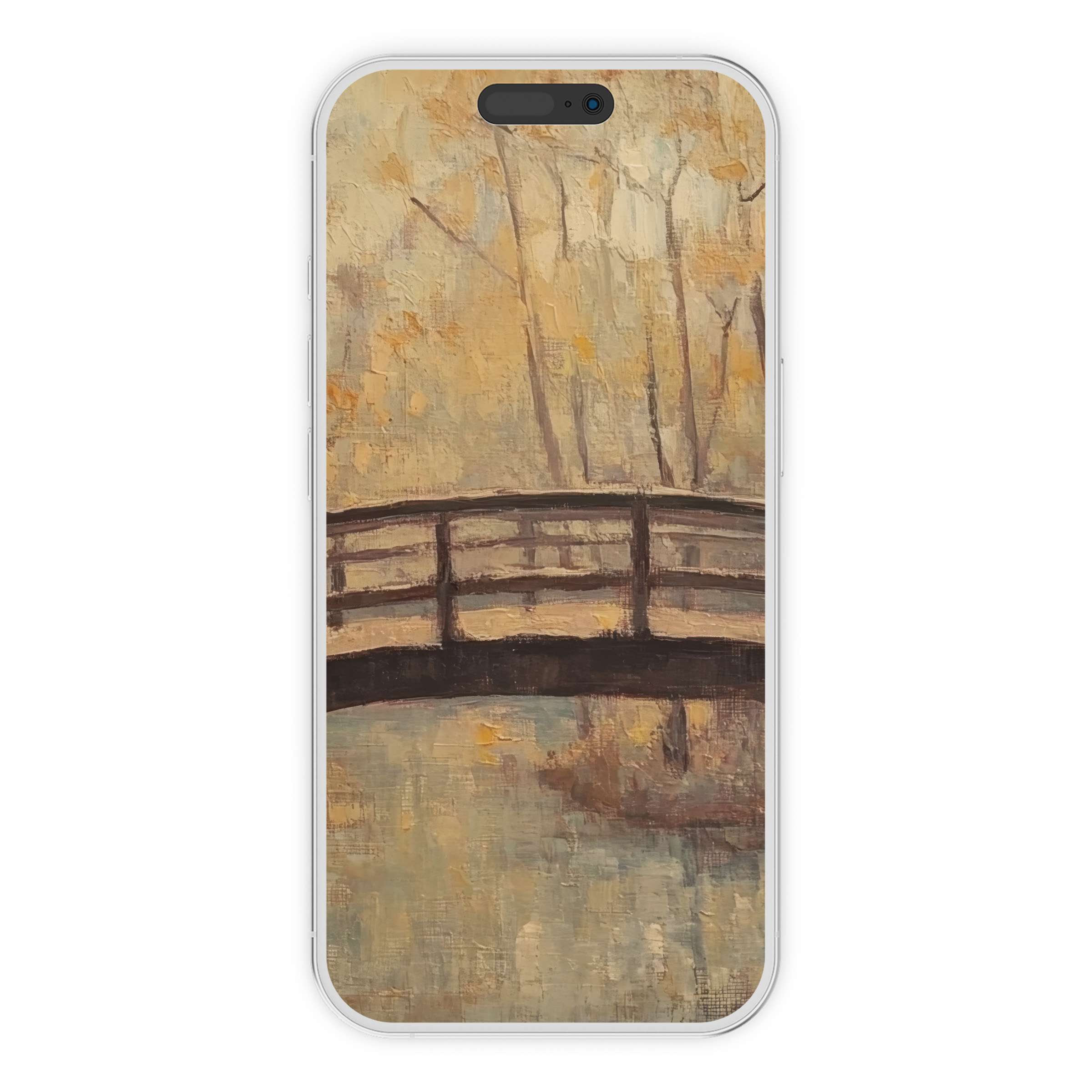 Refined fall iPhone wallpaper with a serene bridge and soft autumn hues offering a calming digital download for phone background