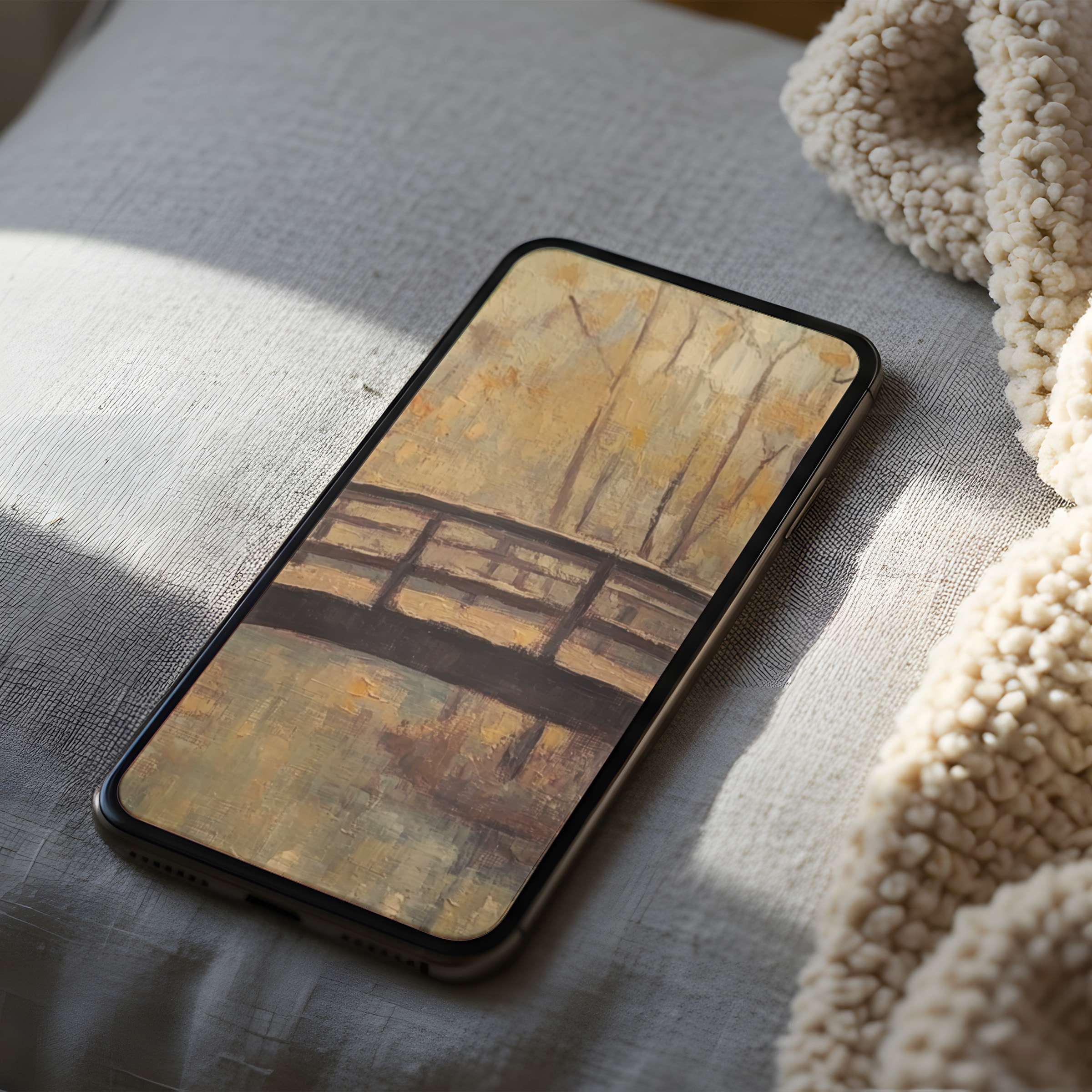 Elegant phone wallpaper featuring a serene painted bridge and soft autumn hues, a high resolution digital download for all phones