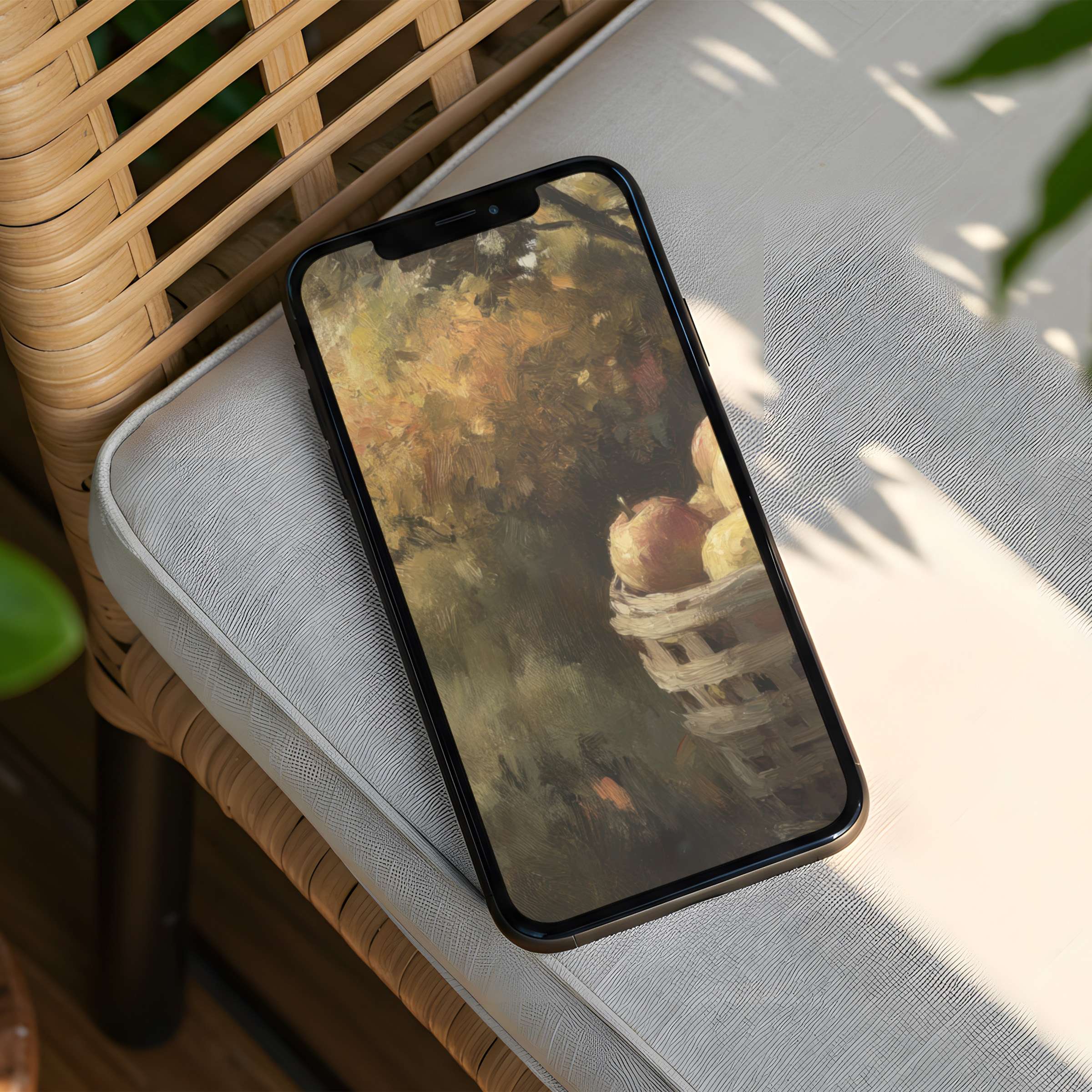 Elegant iPhone background with warm autumn tones and basket of apples evokes calm and mindfulness available for instant download to fit any phone