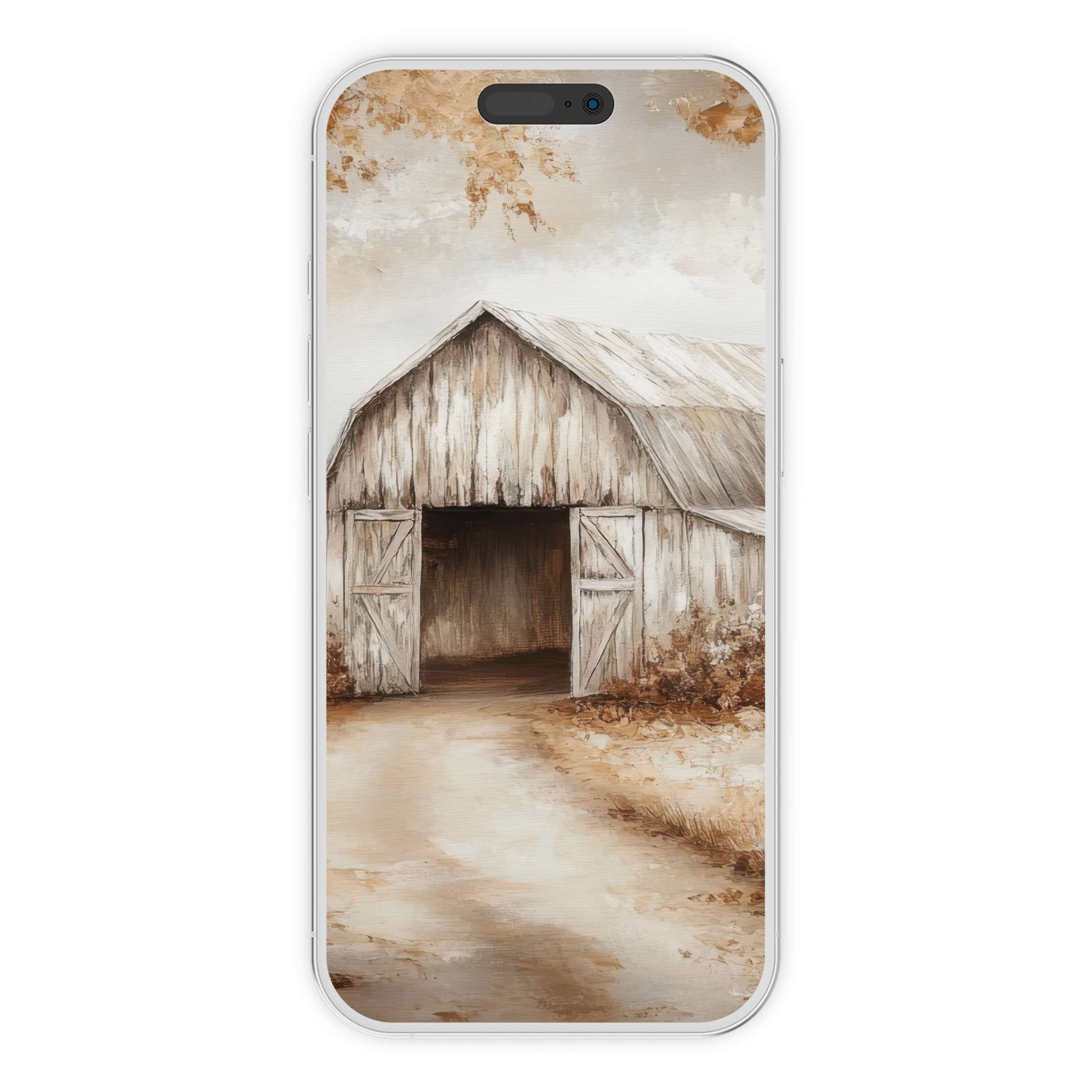 Rustic fall iPhone wallpaper with an elegant barn and soft tones, perfect digital download for serene phone background aesthetics