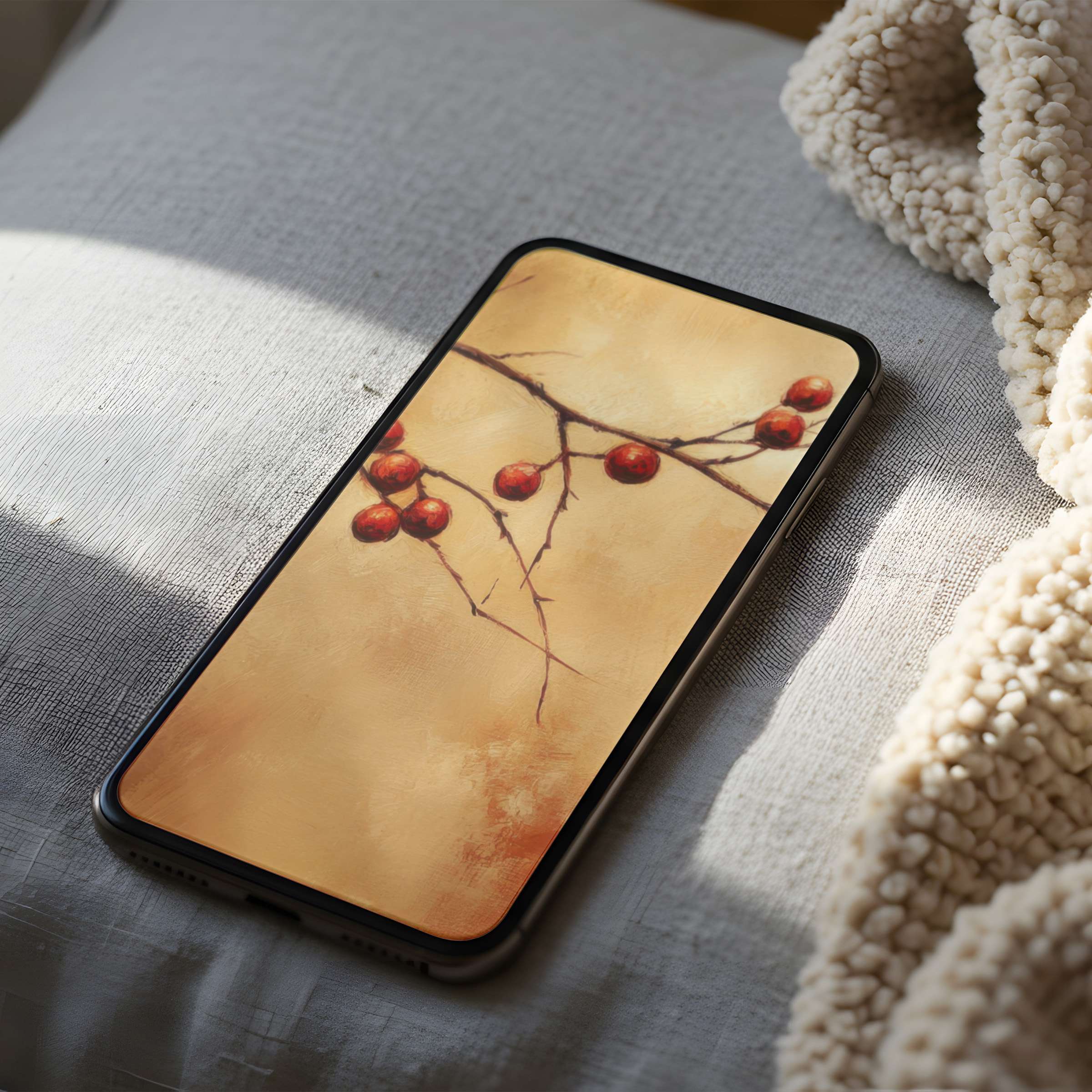 Elegant red berries on a serene beige canvas create a high resolution phone wallpaper perfect for iPhone and Android downloads