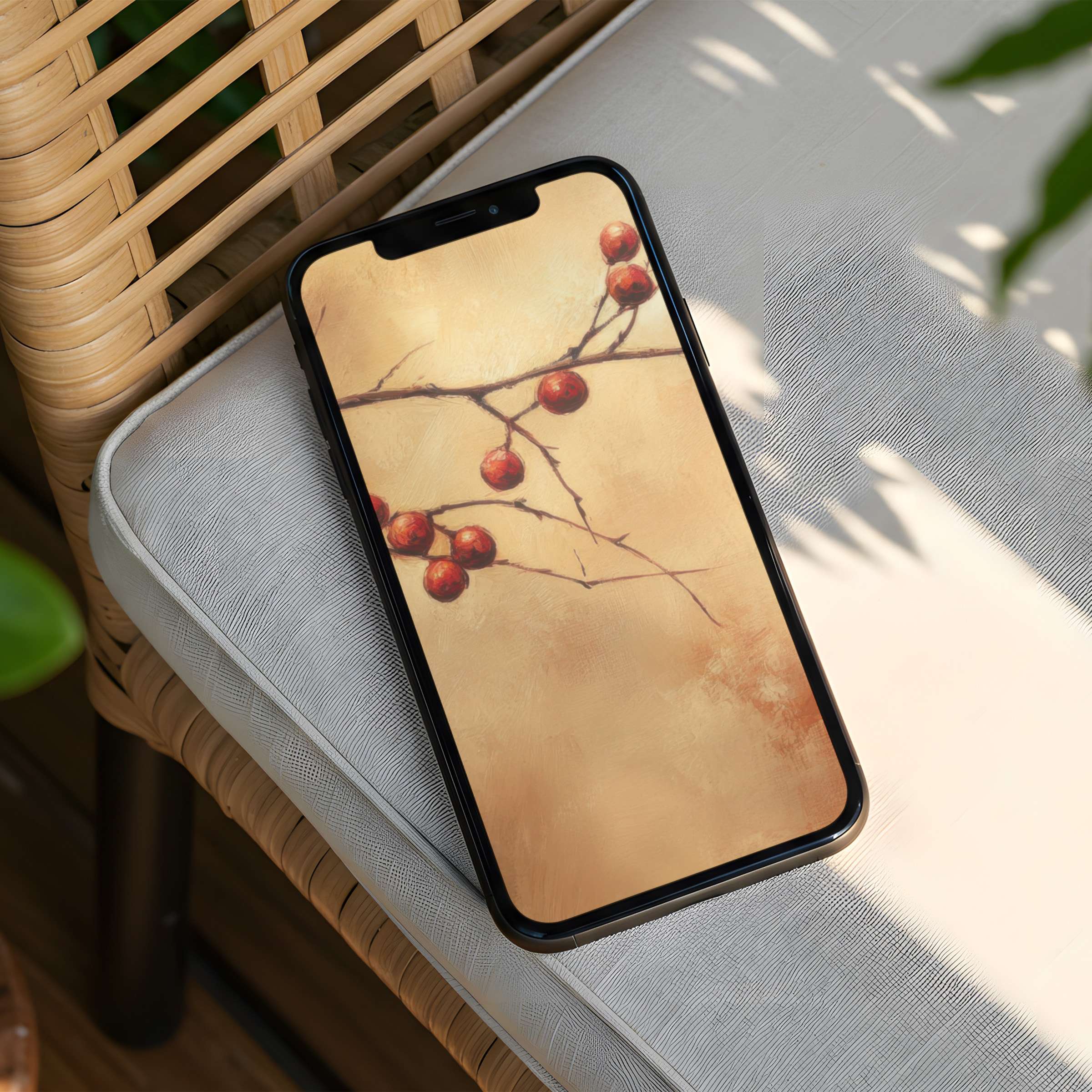 Warm iPhone background with serene branches and berries on a beige canvas instant download phone art inspiring calm elegance