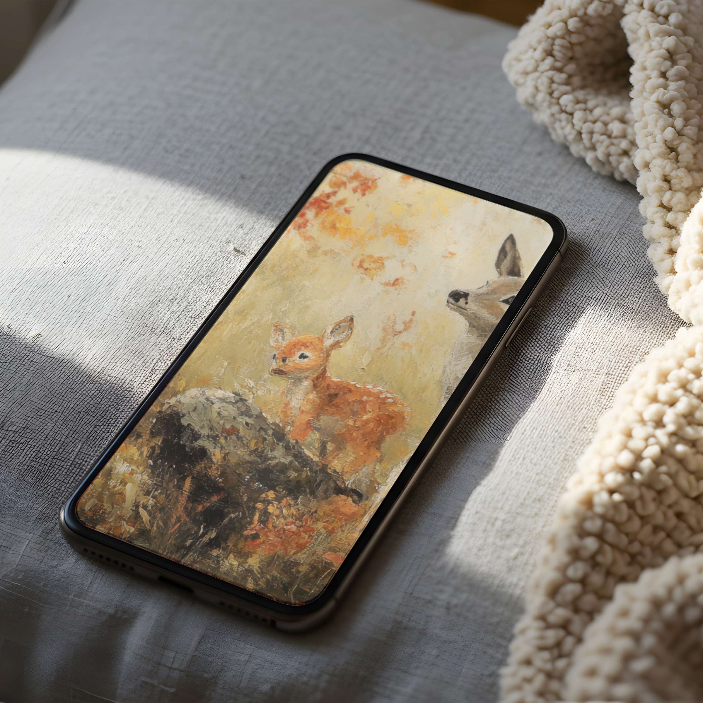 Elegant phone wallpaper featuring a serene nature scene with deer in warm tones perfect for high resolution iPhone or android download