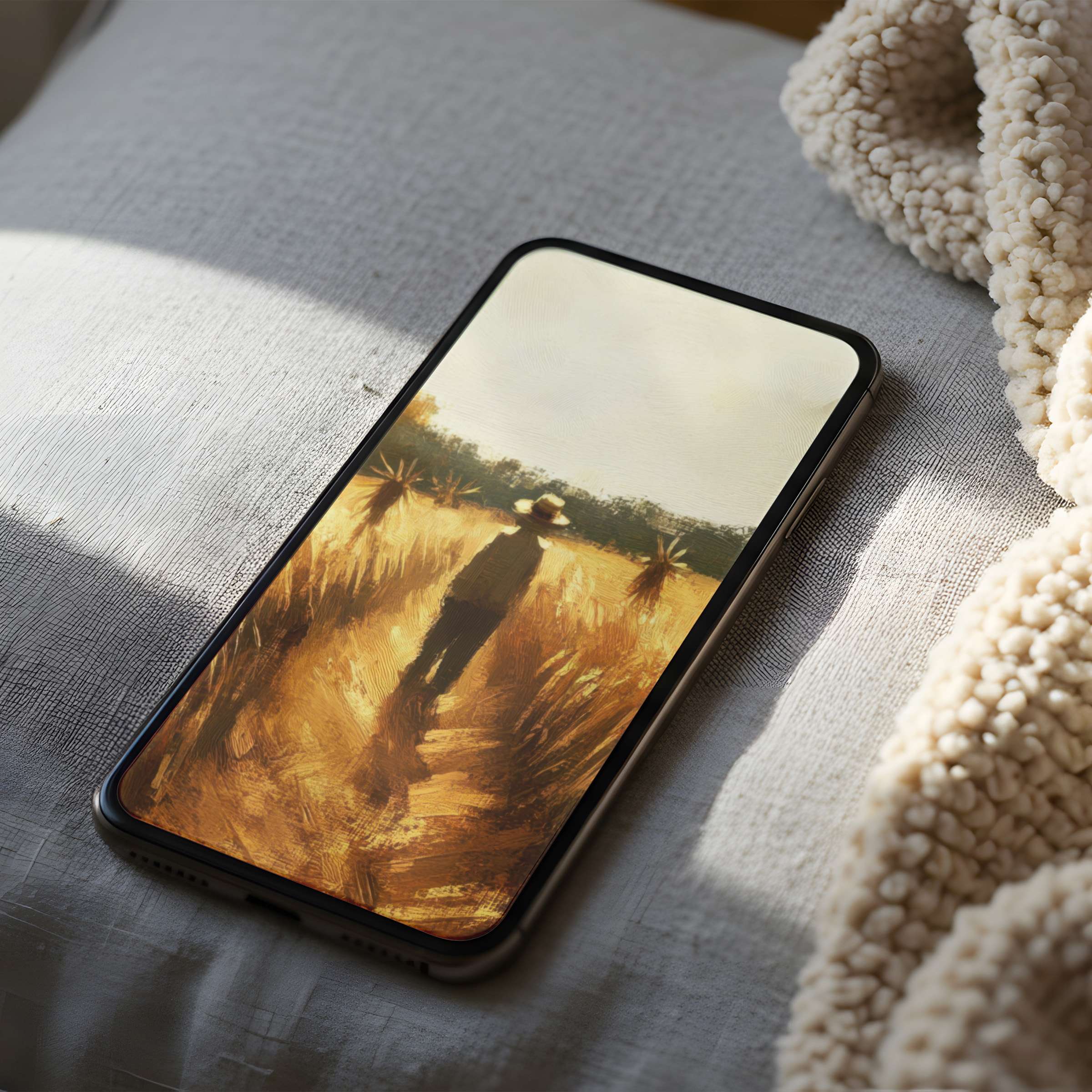 Elegant phone wallpaper featuring a serene golden wheat field painting, perfect for high-resolution iPhone and Android digital download