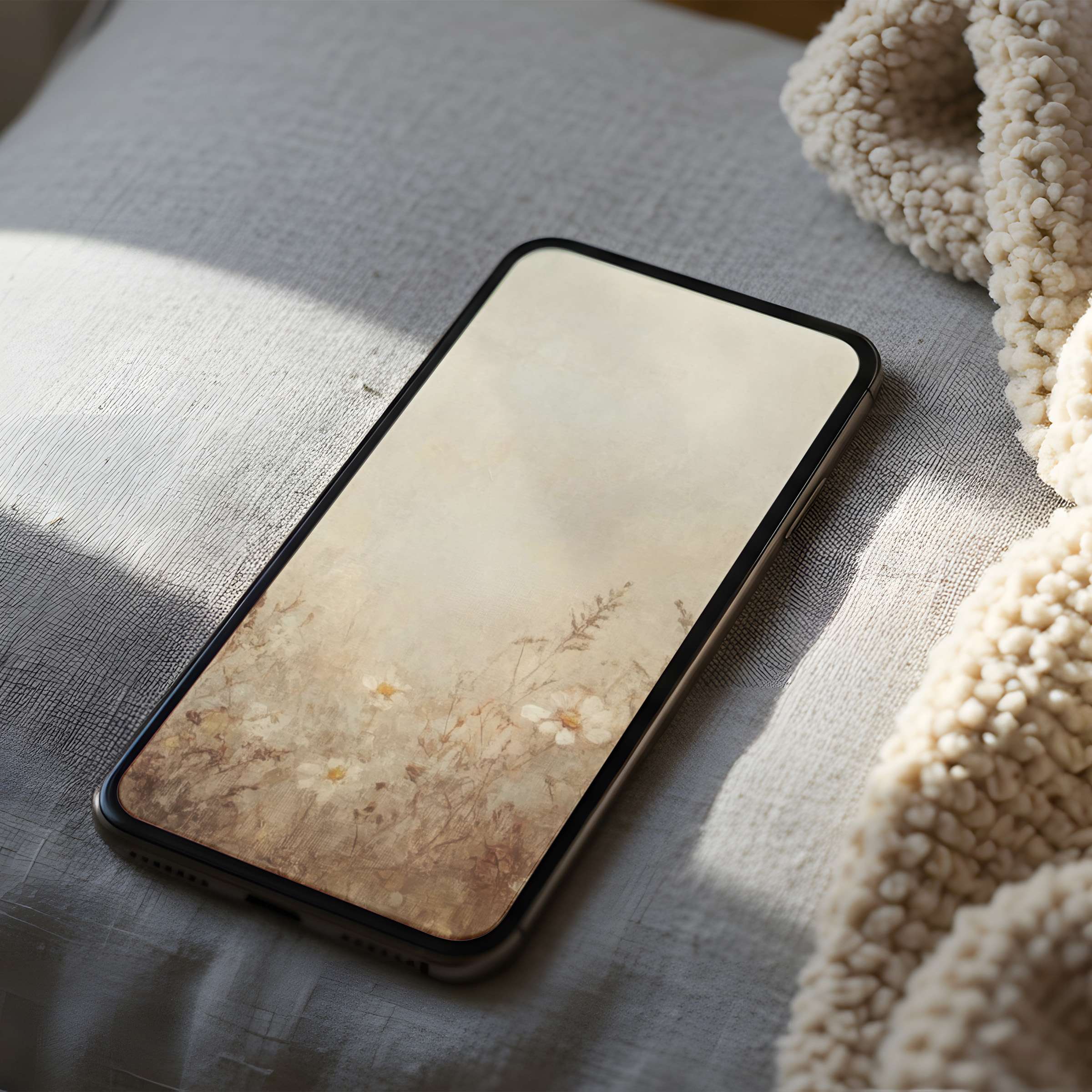 Elegant floral phone wallpaper with soft beige tones, perfect for iPhone and Android, offers a calming digital download in high resolution