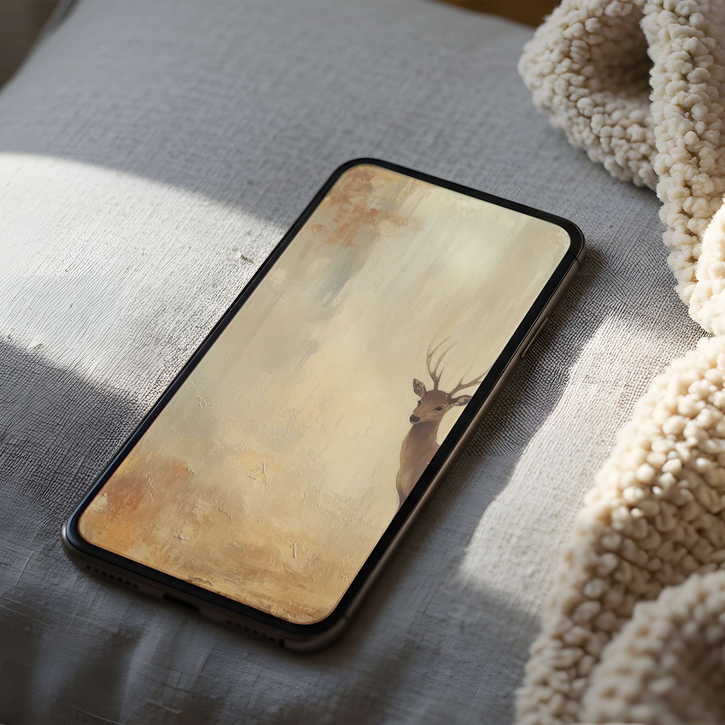 Elegant nature-inspired phone wallpaper featuring a serene deer motif in soft earth tones, ideal for iPhone and android high-resolution display