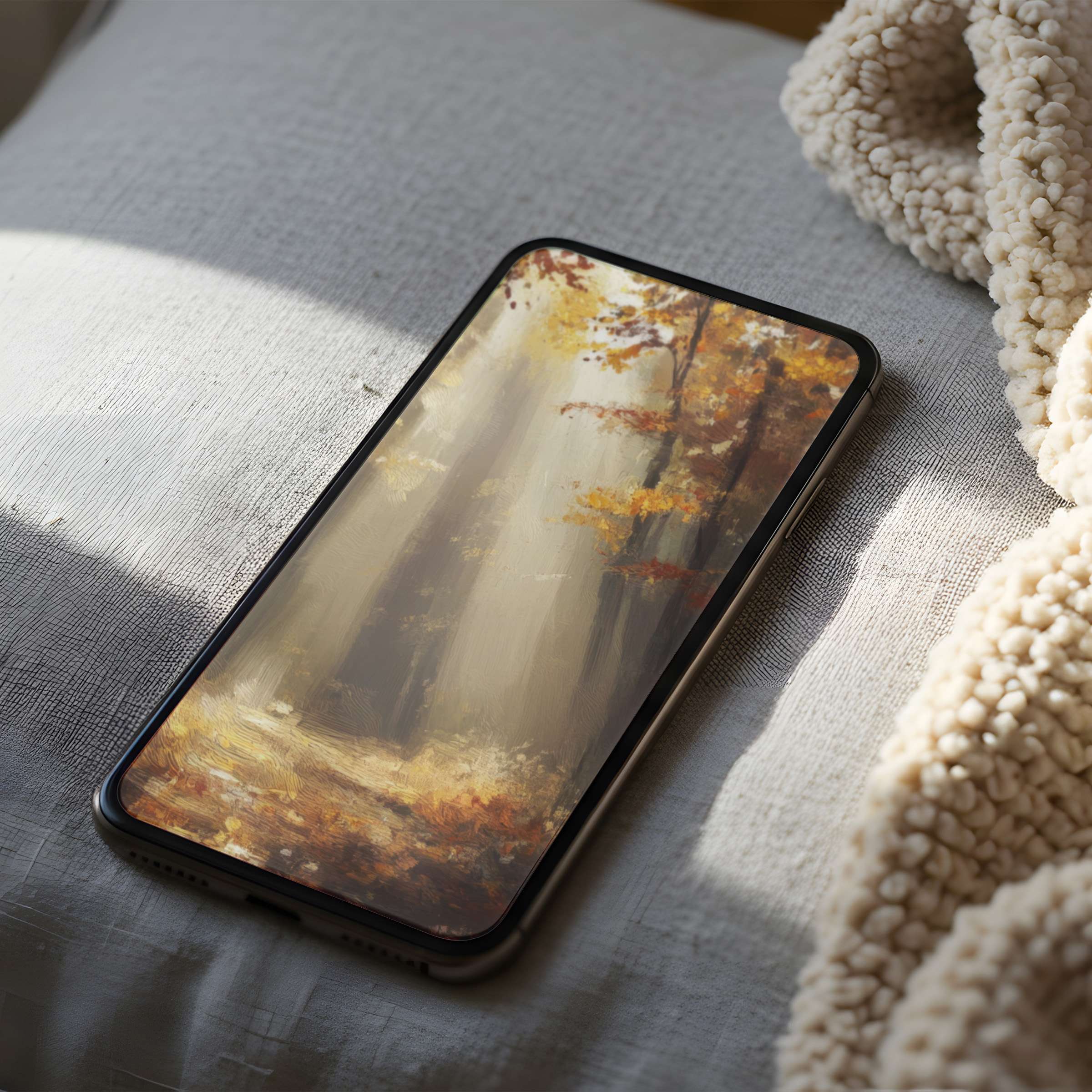 Elegant phone wallpaper featuring a high-resolution autumn forest scene, adding warmth and tranquility to iPhone and android screens, ideal for digital downloads