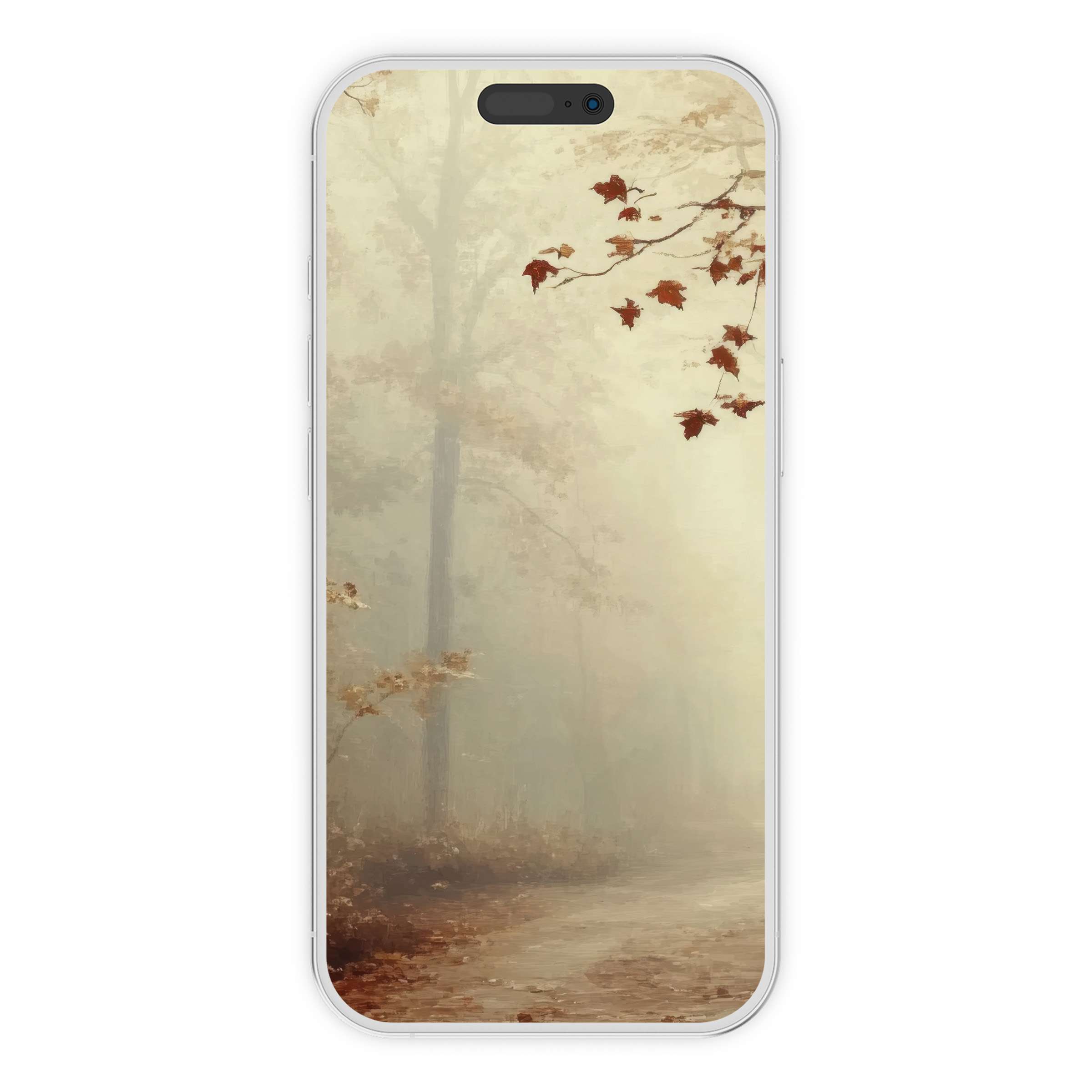 Elegant fall iPhone wallpaper featuring misty forest with autumn leaves, offering a serene digital download phone background for all devices