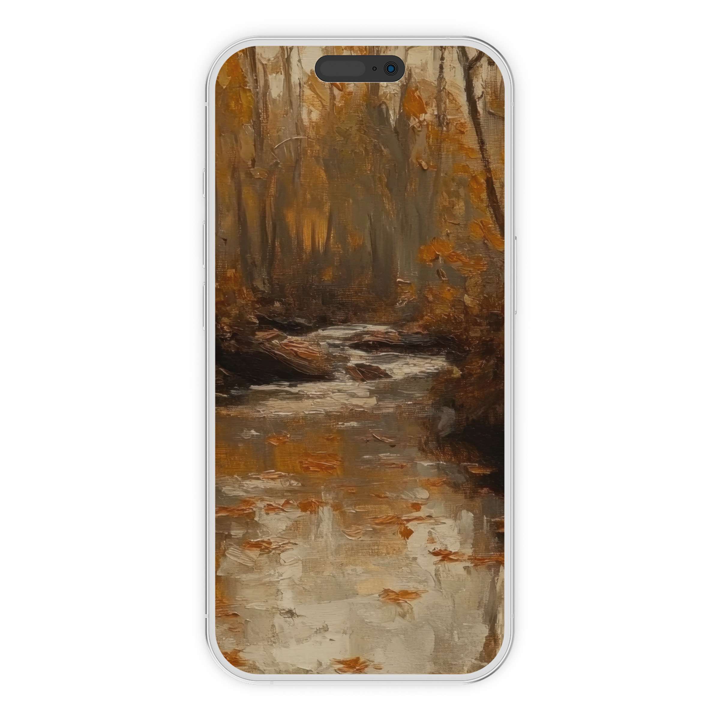 Tranquil fall iPhone wallpaper features an oil-painted forest stream in rich autumn hues, perfect phone background digital download