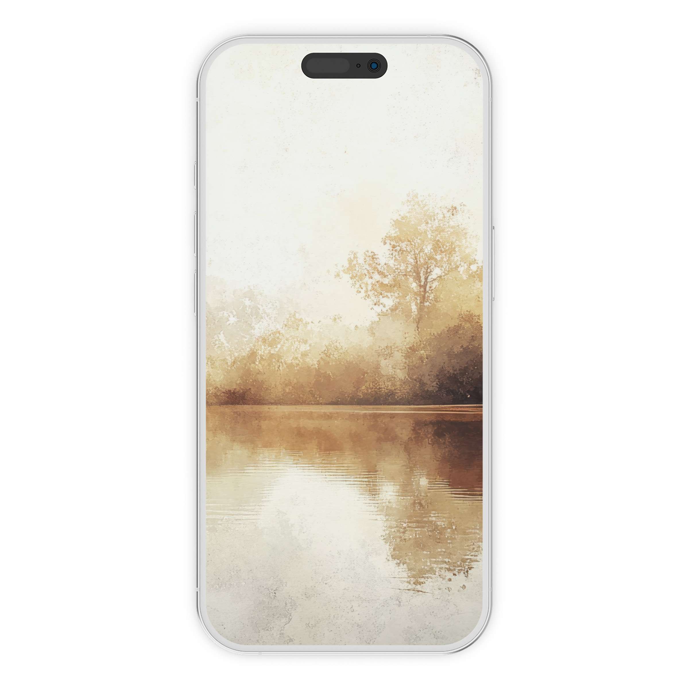Serene fall iPhone wallpaper featuring a misty watercolor landscape, perfect phone background for iPhone and Android, digital download available