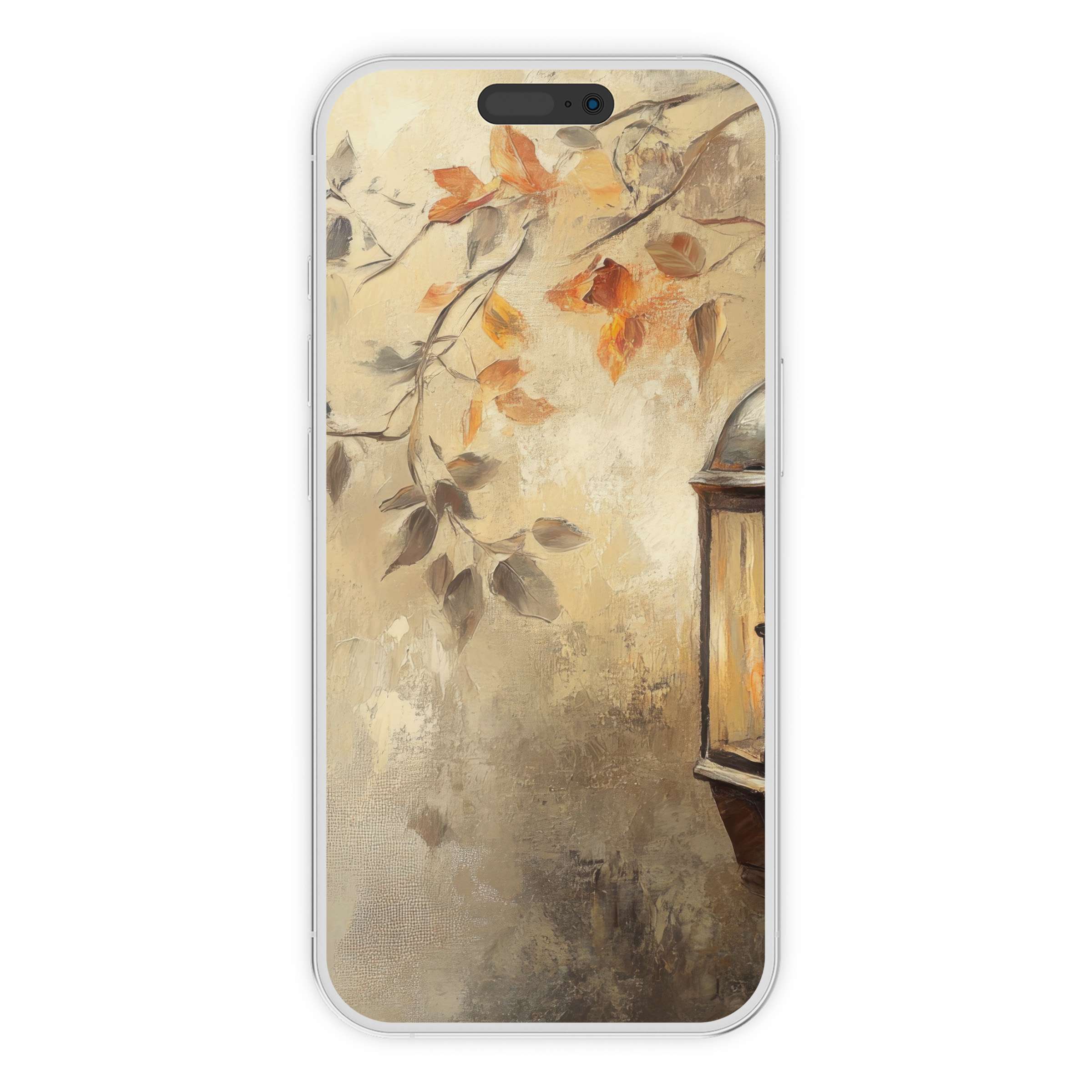 Elegant fall iPhone wallpaper with a vintage lantern and autumn leaves, perfect digital download for phone background and calm aesthetics