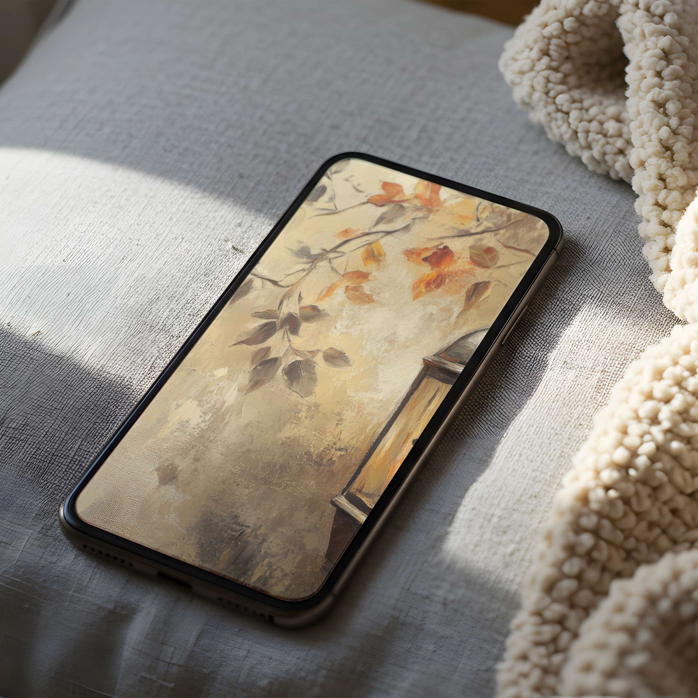 Warm autumn leaves phone wallpaper with calming earth tones and elegant brushstrokes suitable for iPhone or Android high resolution download