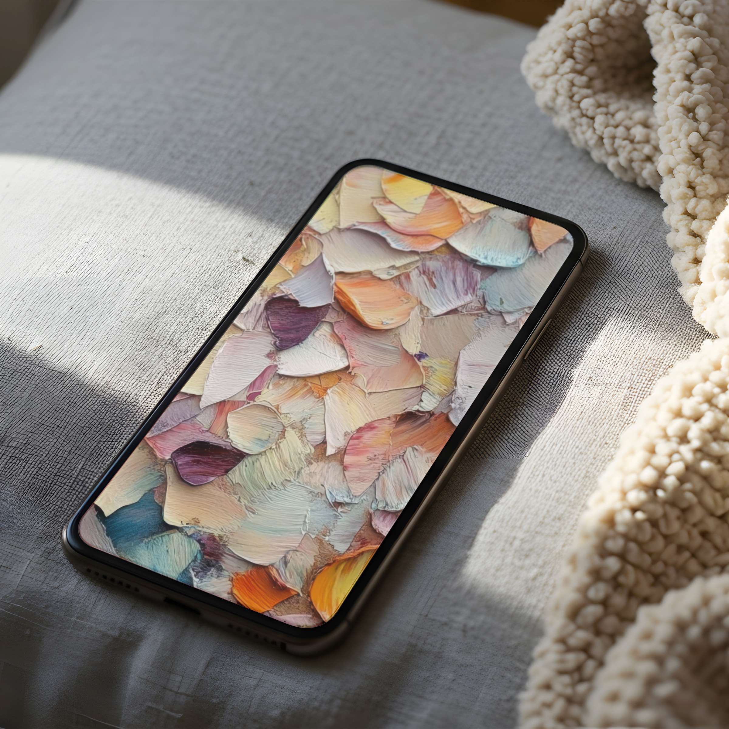 Elegant abstract phone wallpaper with soft pastel brushstrokes, ideal for iPhone and Android, offering calmness and curated digital download